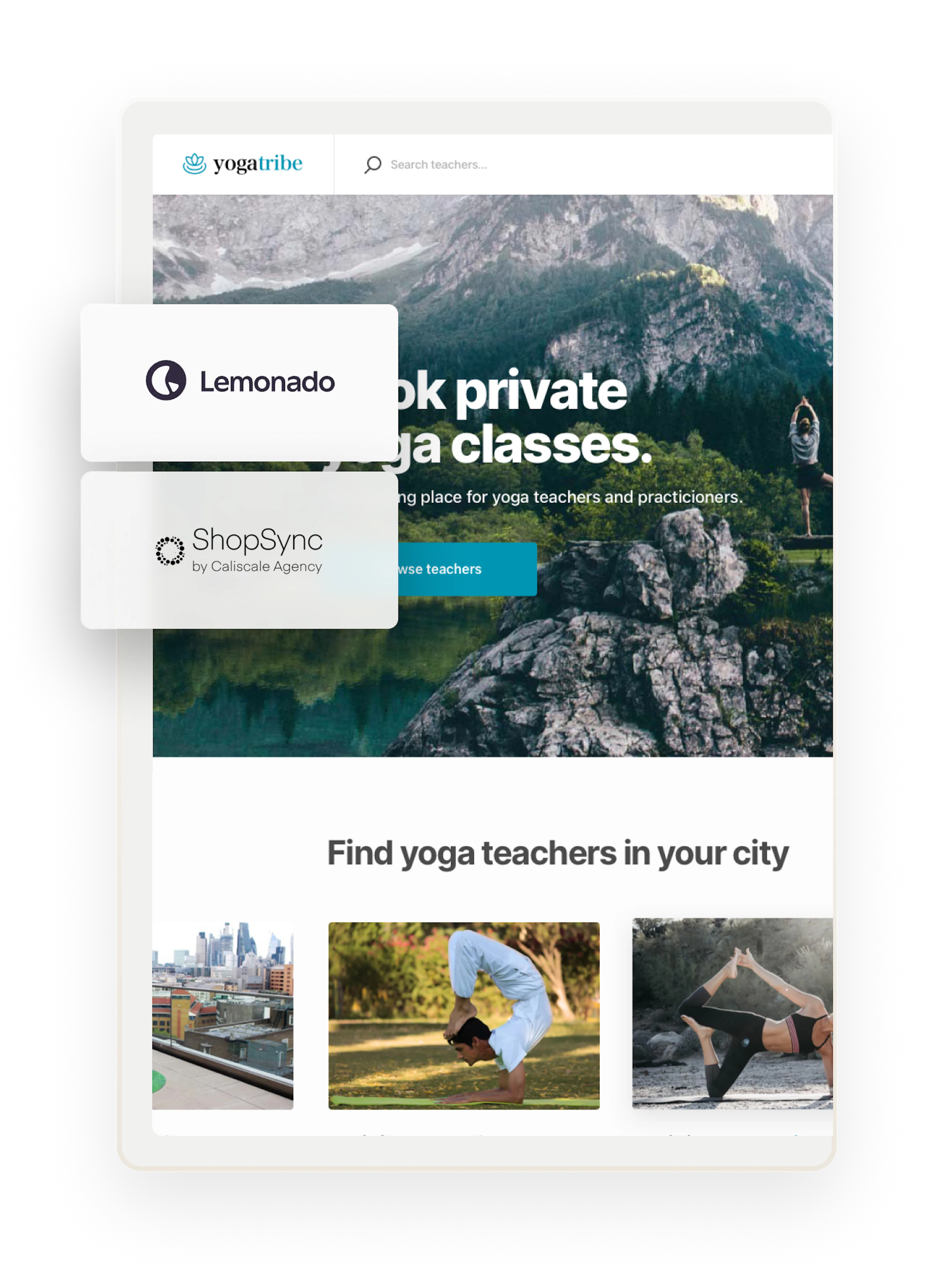 The Yogatribe landing page. Overlaid with boxes that have logos for companies who have built Sharetribe extensions.
