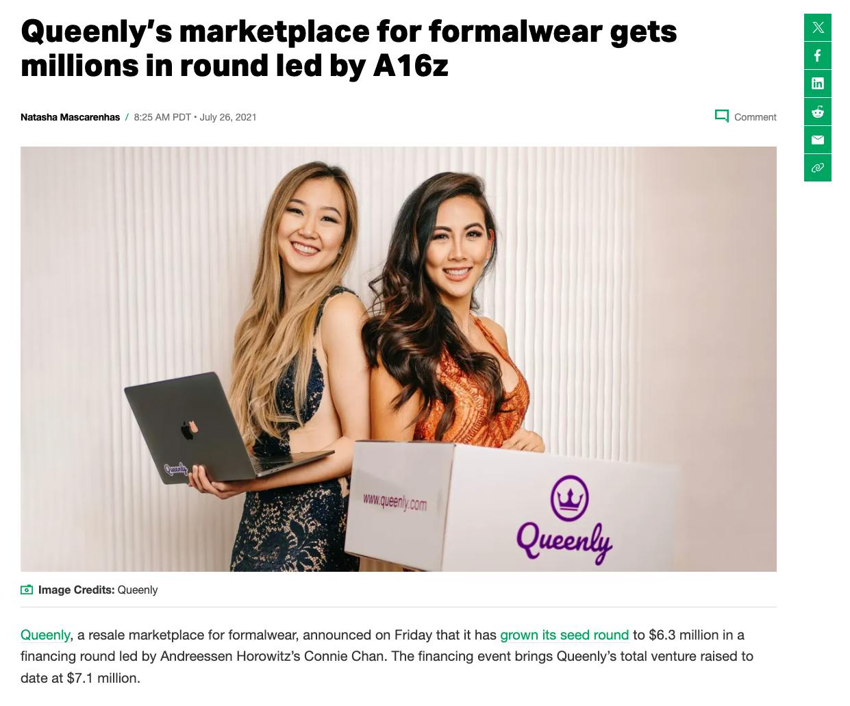 Screenshot of a Techcrunch article on Queenly raising $6.3M led by Andreessen Horowitz