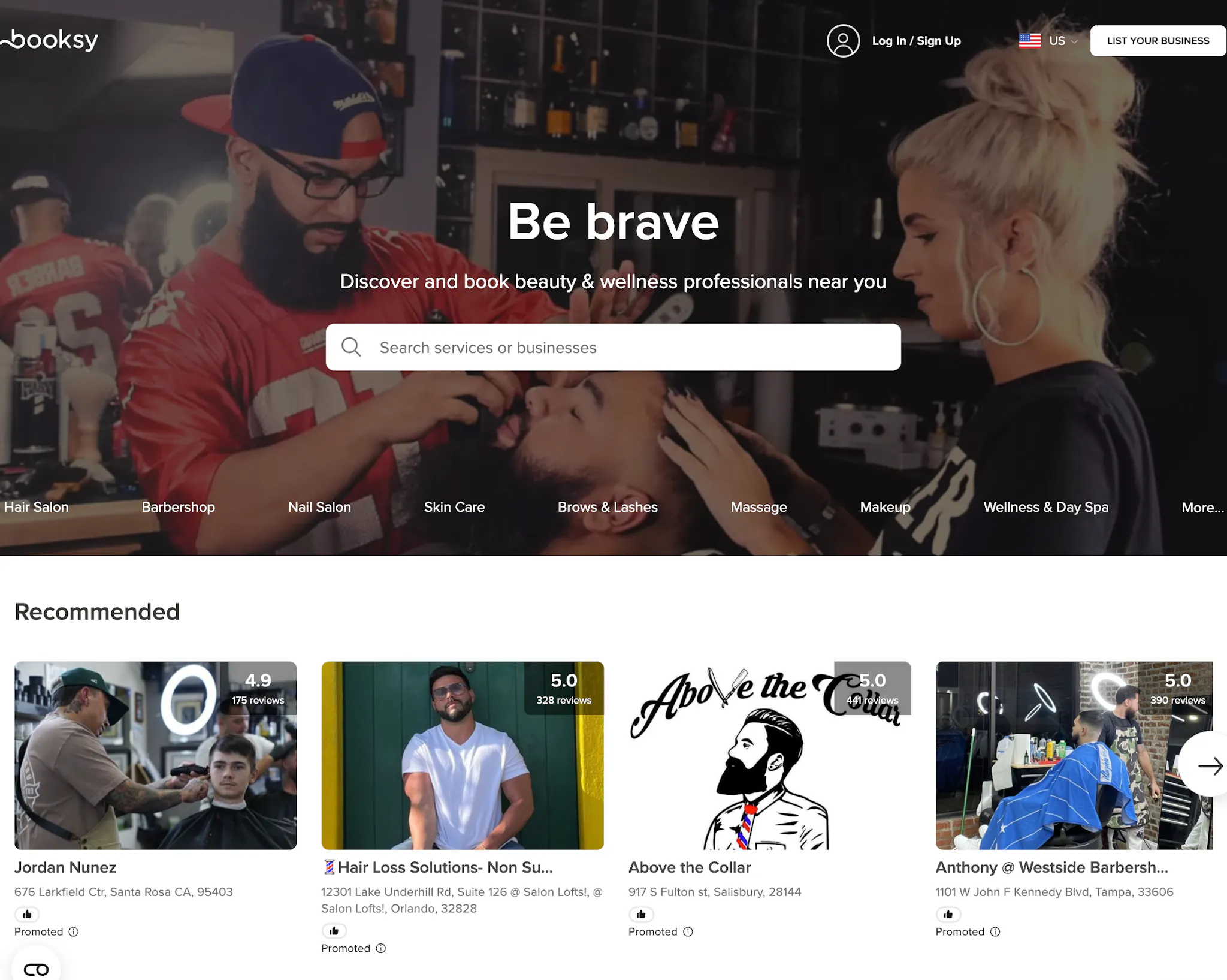 Screenshot of the Booksy landing page with H1 copy "Be brave".