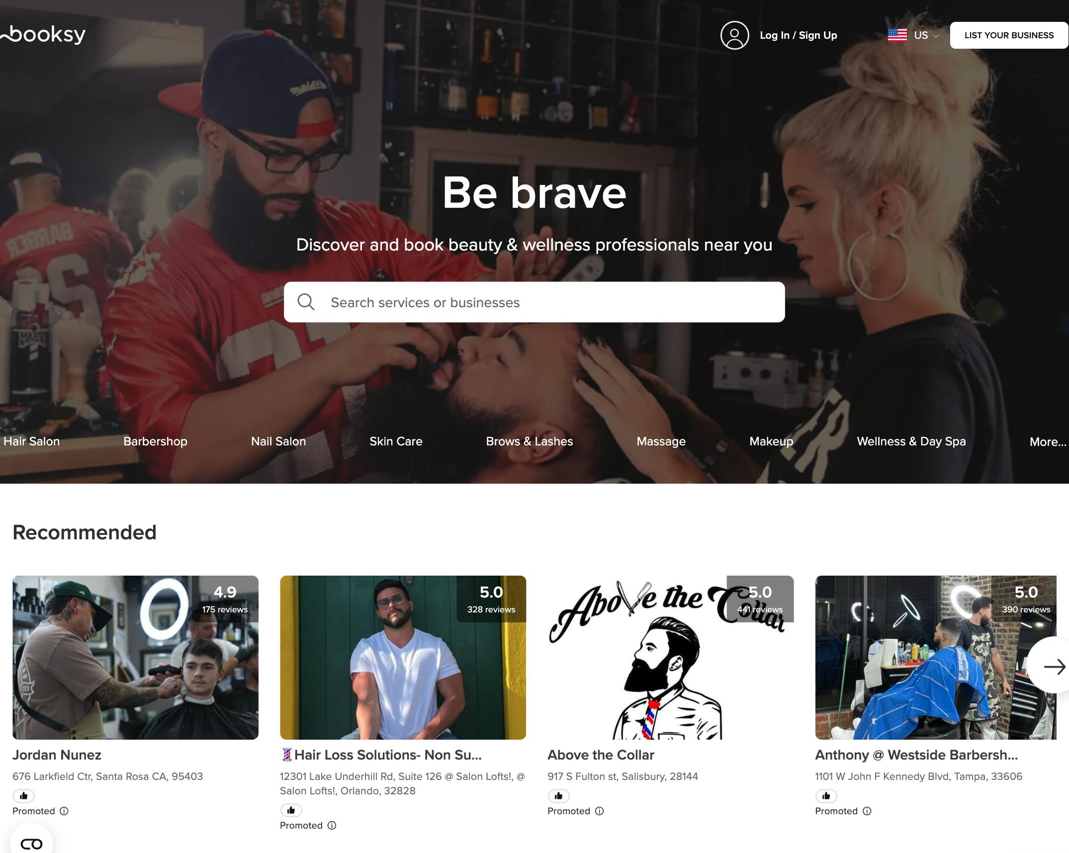 Screenshot of the Booksy landing page with H1 copy "Be brave".