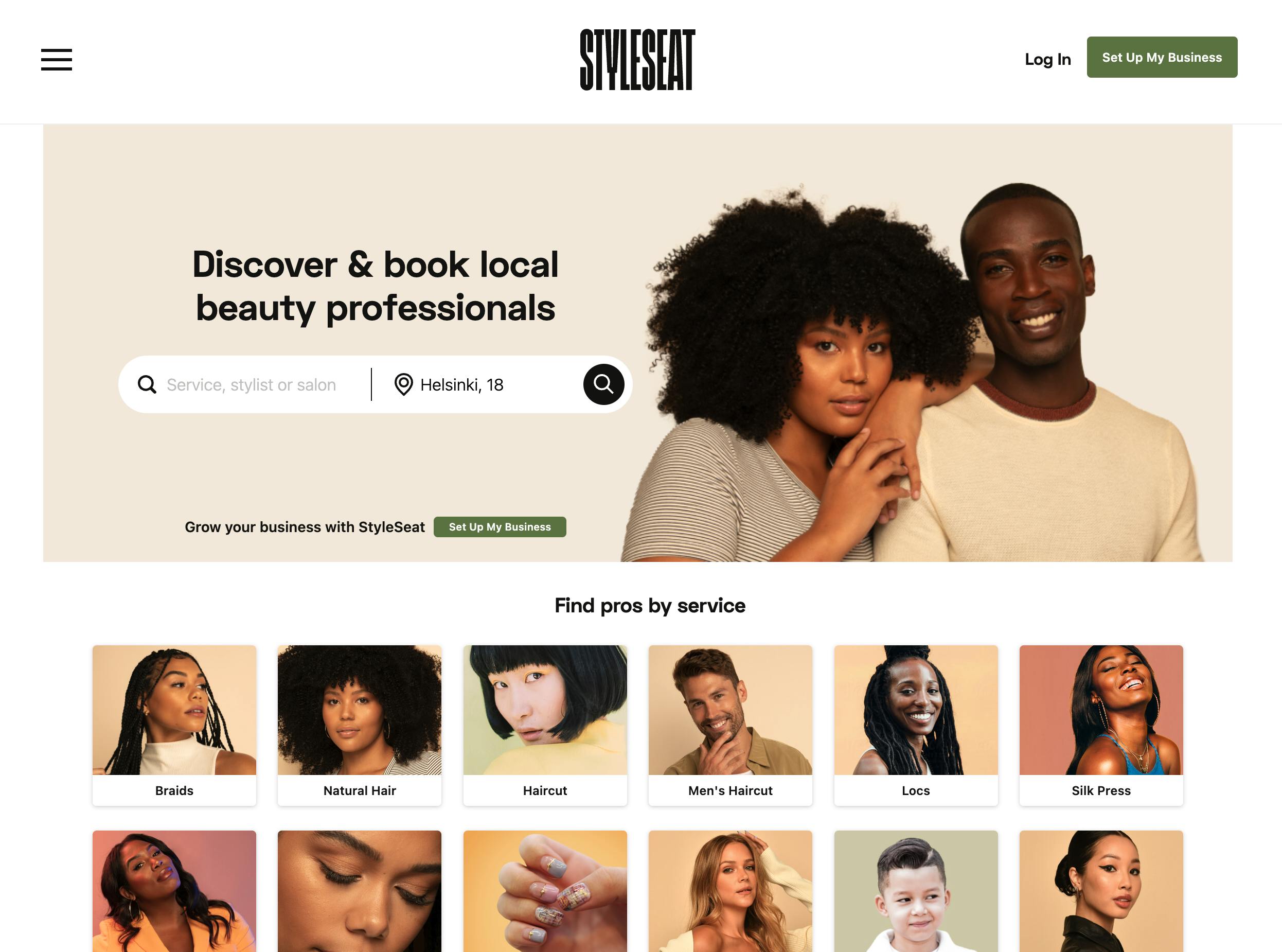 Screenshot of Styleseat's landing page with the H1 title "Discover & book local beauty professionals".