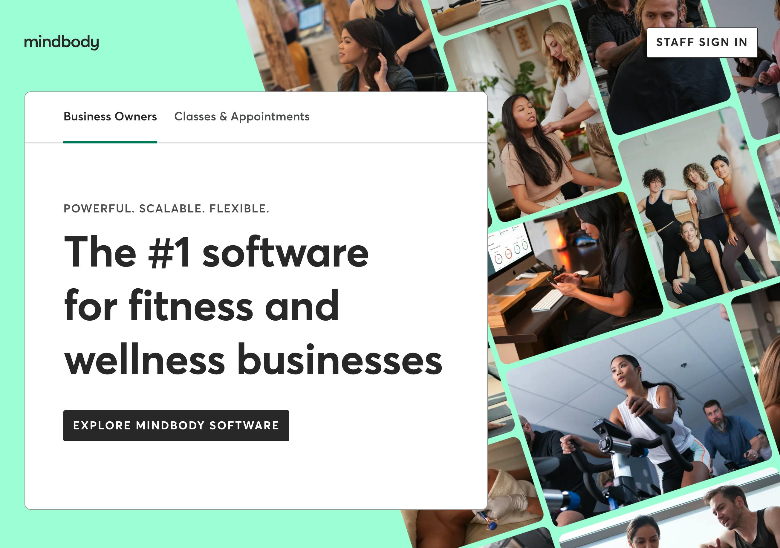 Screenshot of Mindbody's landing page with H1 title "The #1 software for fitness and wellness businesses".