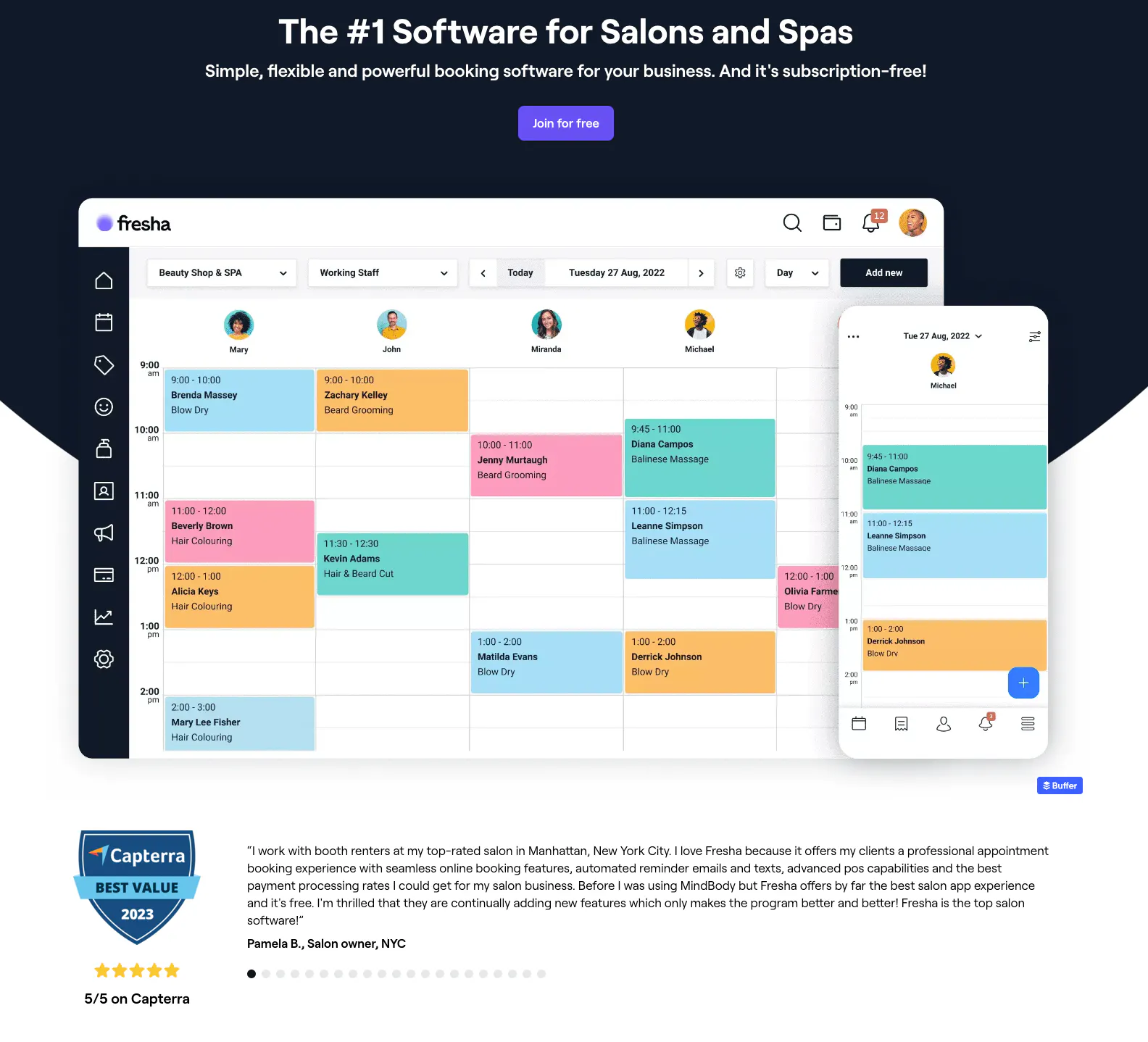 Screenshot of Fresha's home page with the H1 Title "The #1 Software for Salons and Spas" and an image of Fresha's salon software where the calendars of four service providers are visible with bookings in different colors. One service provider's calendar is also visible on a mobile interface. A Capterra batch and a. review are showcased below the software image.