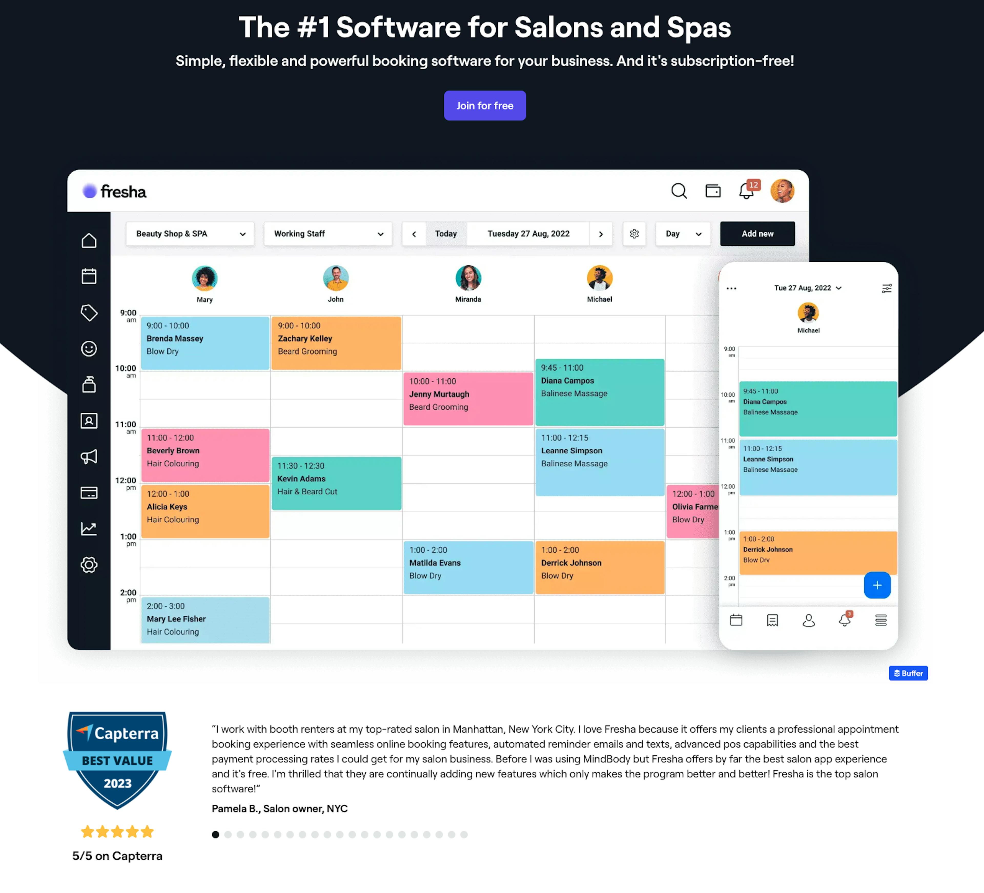 Screenshot of Fresha's home page with the H1 Title "The #1 Software for Salons and Spas" and an image of Fresha's salon software where the calendars of four service providers are visible with bookings in different colors. One service provider's calendar is also visible on a mobile interface. A Capterra batch and a. review are showcased below the software image.