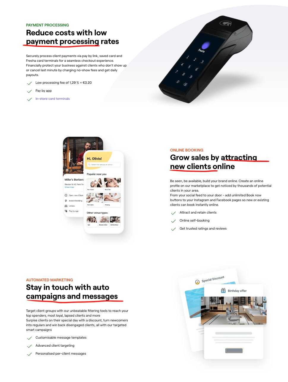 Screenshot of Fresha's landing page for salons where payment processing, attracting new clients, and auto campaigns and messages are mentioned. These words in the copy are highlighted in the screenshot with a red freehand pencil underline.