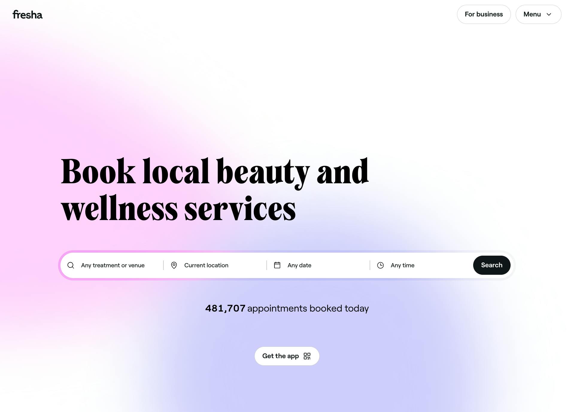 Screenshot of the Fresha homepage with the H1 title "Book local beauty and wellness services"