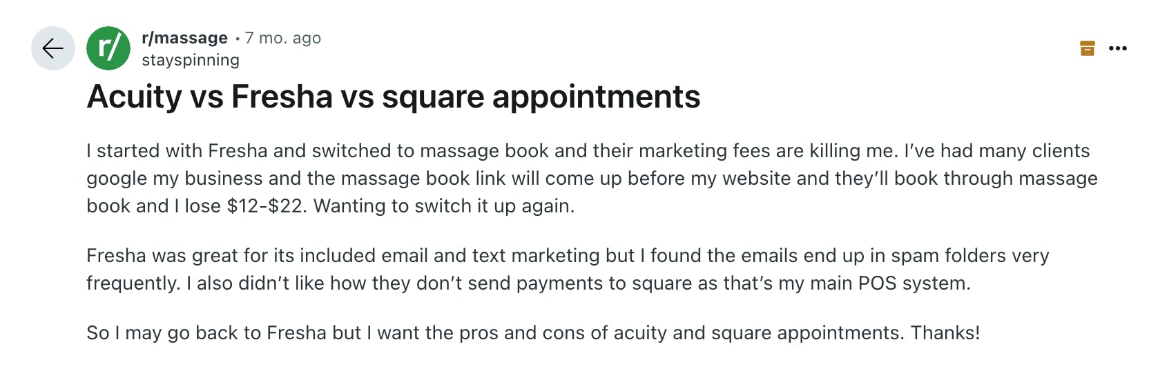 Screenshot of a reddit question asking for opinions on whether to choose Acuity or Fresha and highlighting Fresha's high marketing fees and issues with email and text marketing.