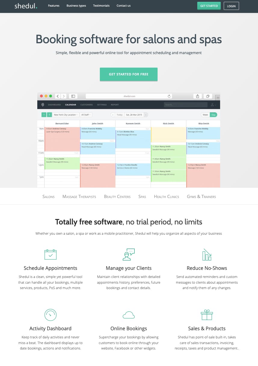 Screenshot of Shedul.com in 2015. The H1 copy reads "Booking software for salons and spas", with a CTA button and an image of a booking calendar beneath.