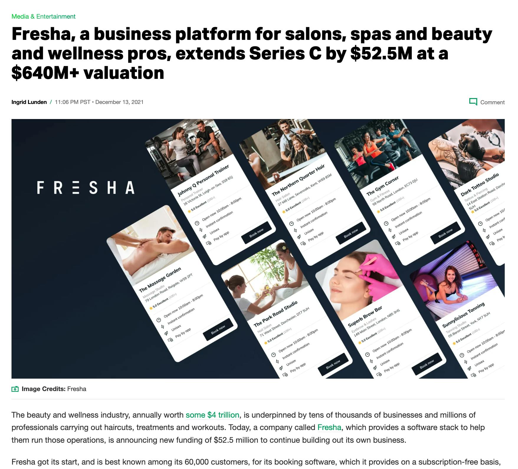 Screenshot of a Techcrunch article annoucing Fresha's additional $52.5M Series C round at $640M+ valuation.