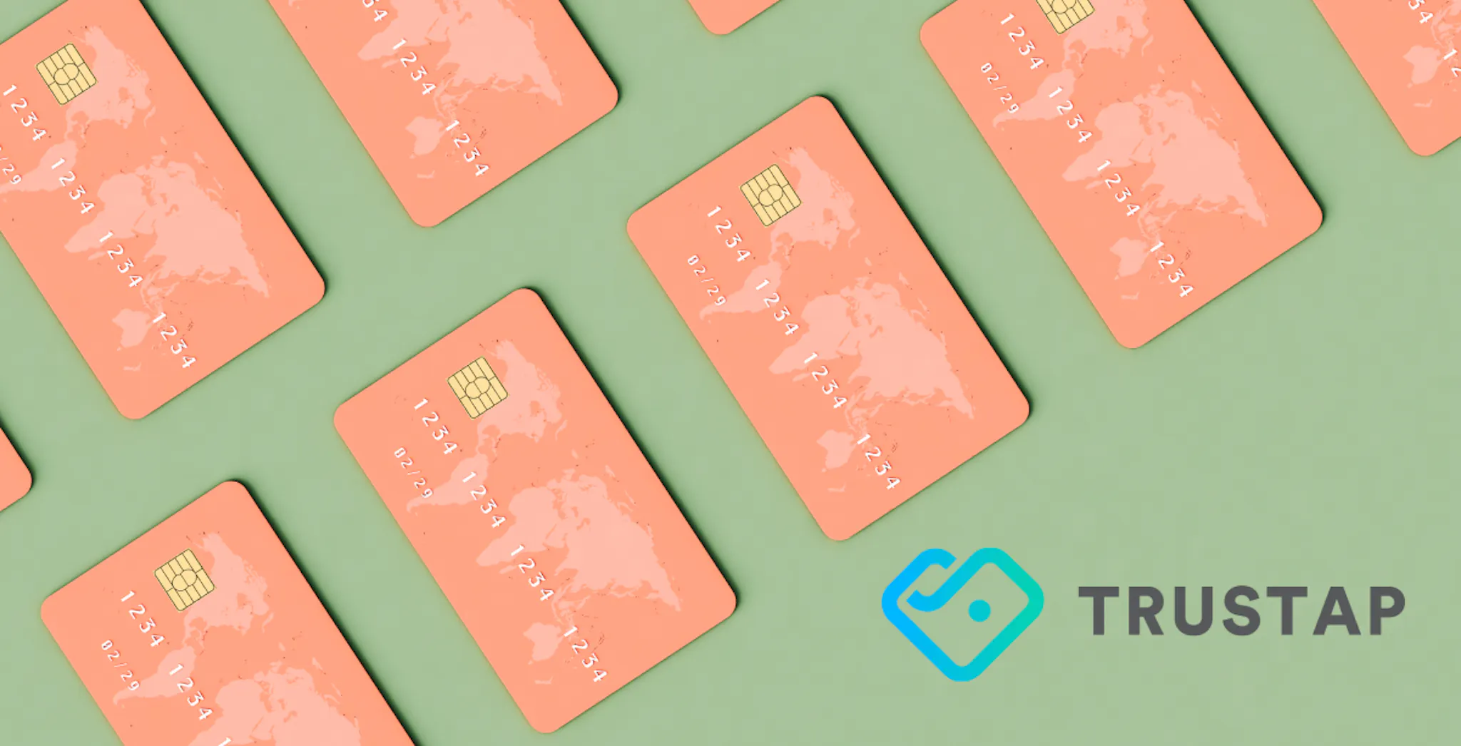Sage green background with salmon pink credit cards with world map on the upper left corner, blue and gray Trystao logo in bottom right corner.