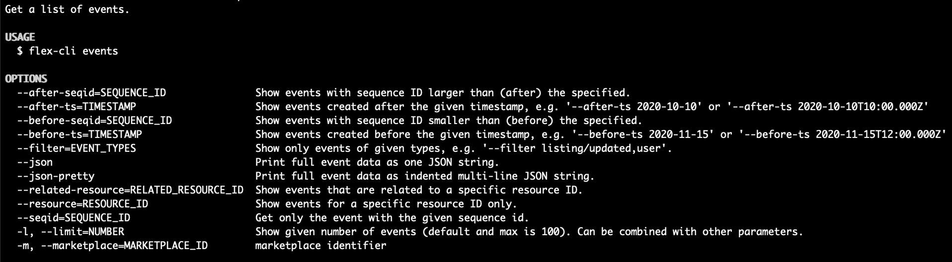 The result of a 'flex-cli help events' query