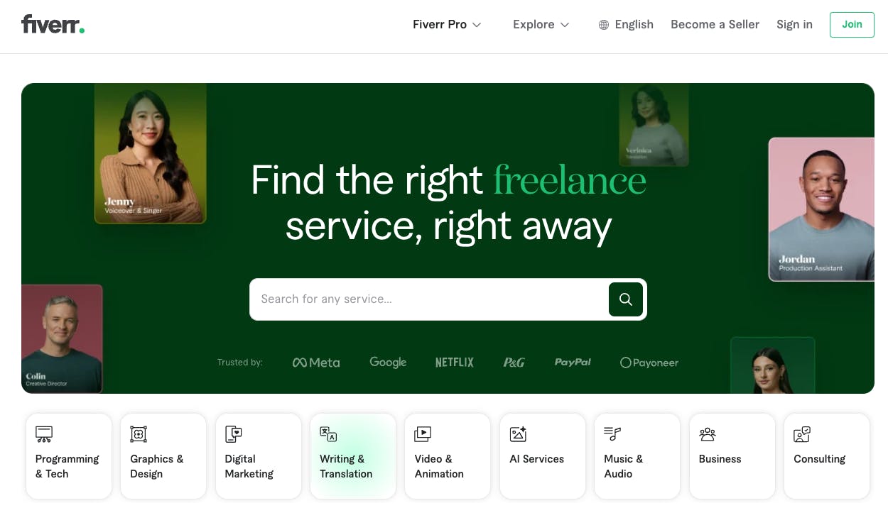 Screenshot of the freelance marketplace Fiverr's landing page