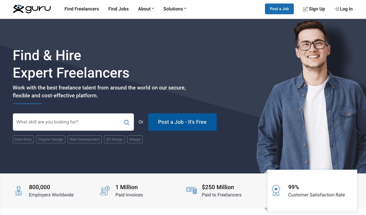 Screenshot of the freelance marketplace Guru's landing page.