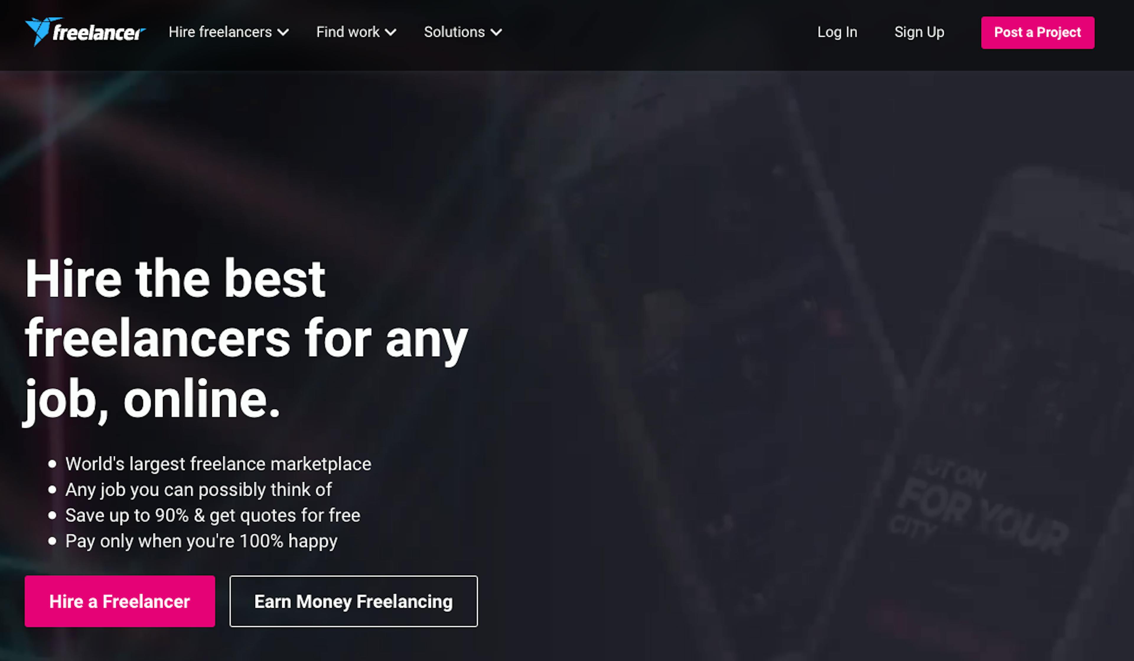 Screenshot of the freelance marketplace Freelancer's landing page.