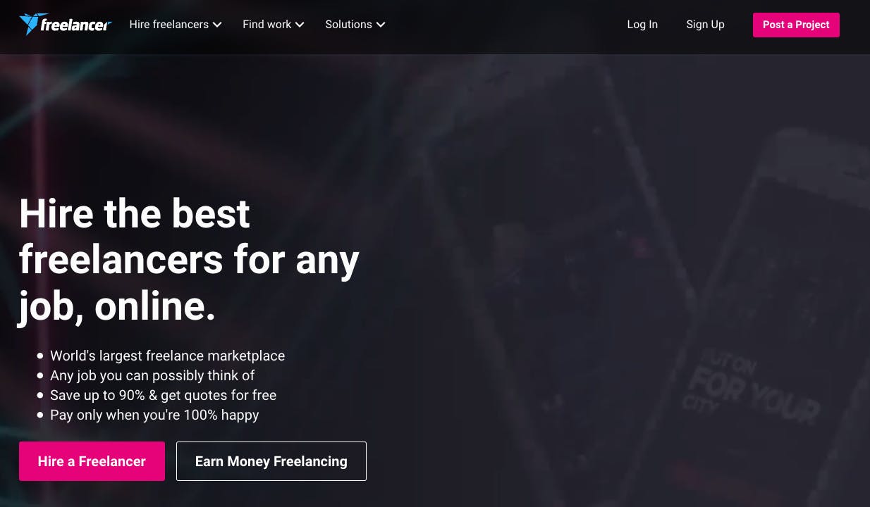Screenshot of the freelance marketplace Freelancer's landing page.