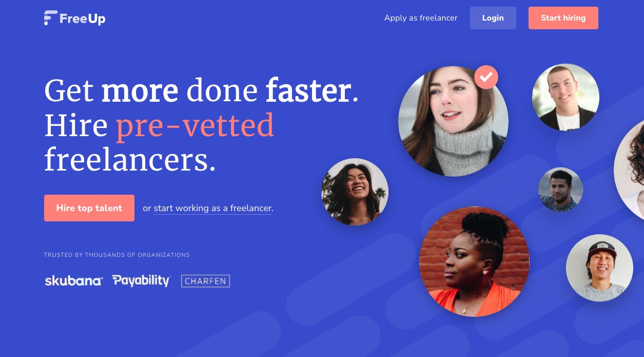 Screenshot of the freelance marketplace FreeUp's landing page
