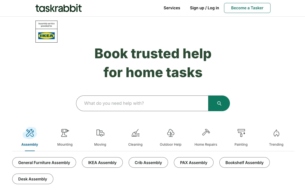 Screenshot of the freelance marketplace Taskrabbit's landing page.