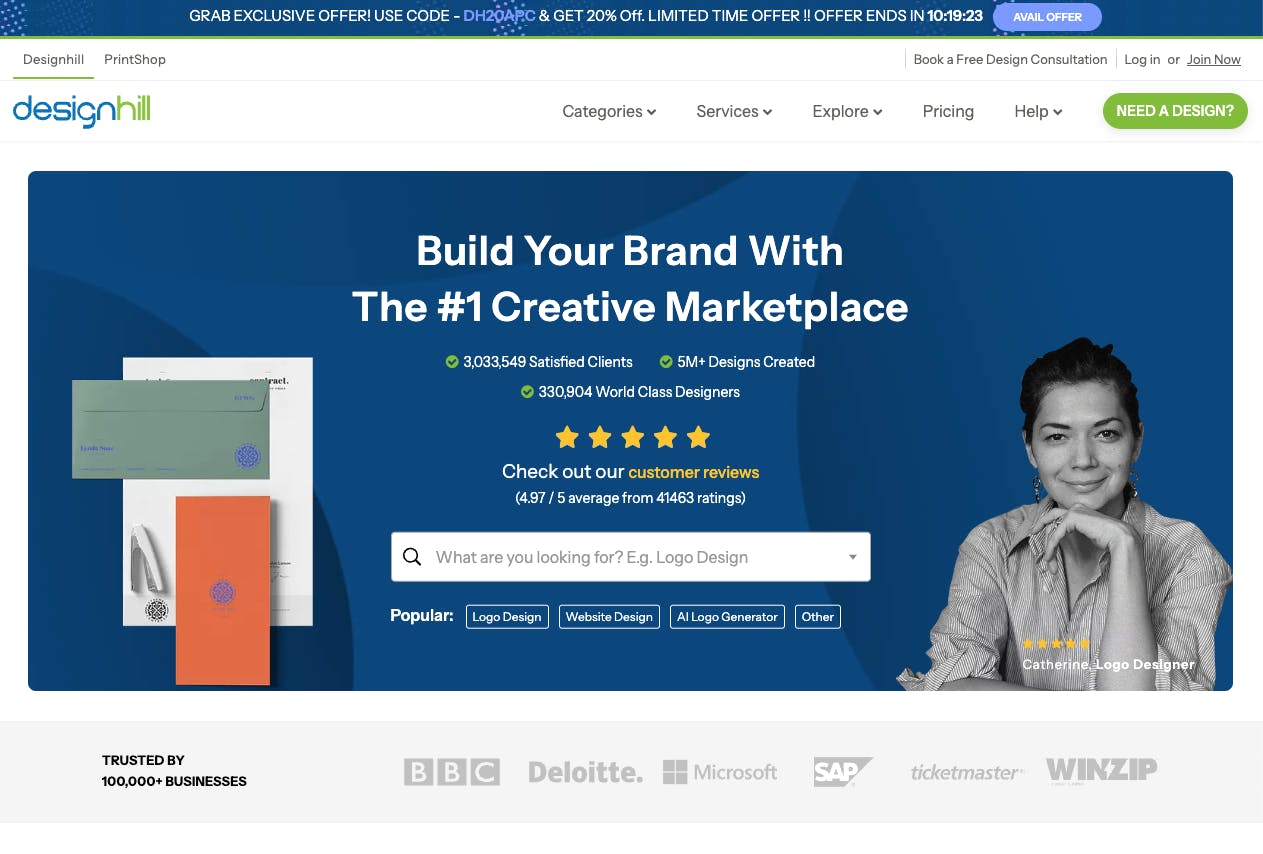 Screenshot of the freelance marketplace Designhill's landing page.