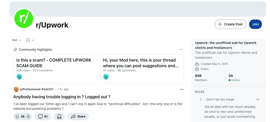 Screenshot of the r/Upwork subreddit for Upwork freelancers and clients, showing 84K members.