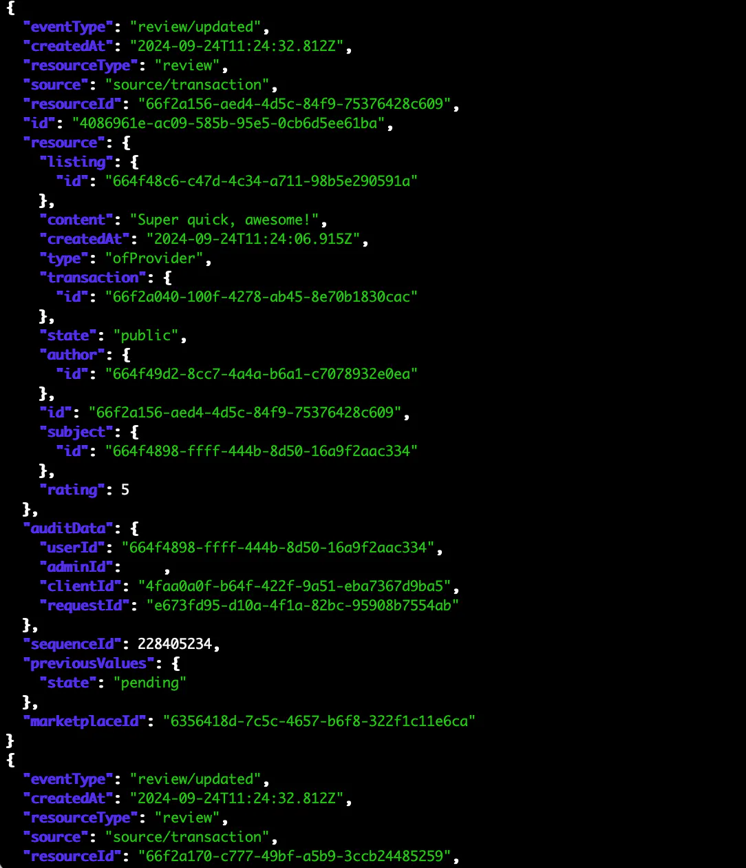 Events result filtered with jq to a specific source