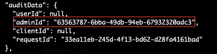 Event audit data shows the adminId of events initiated in Console