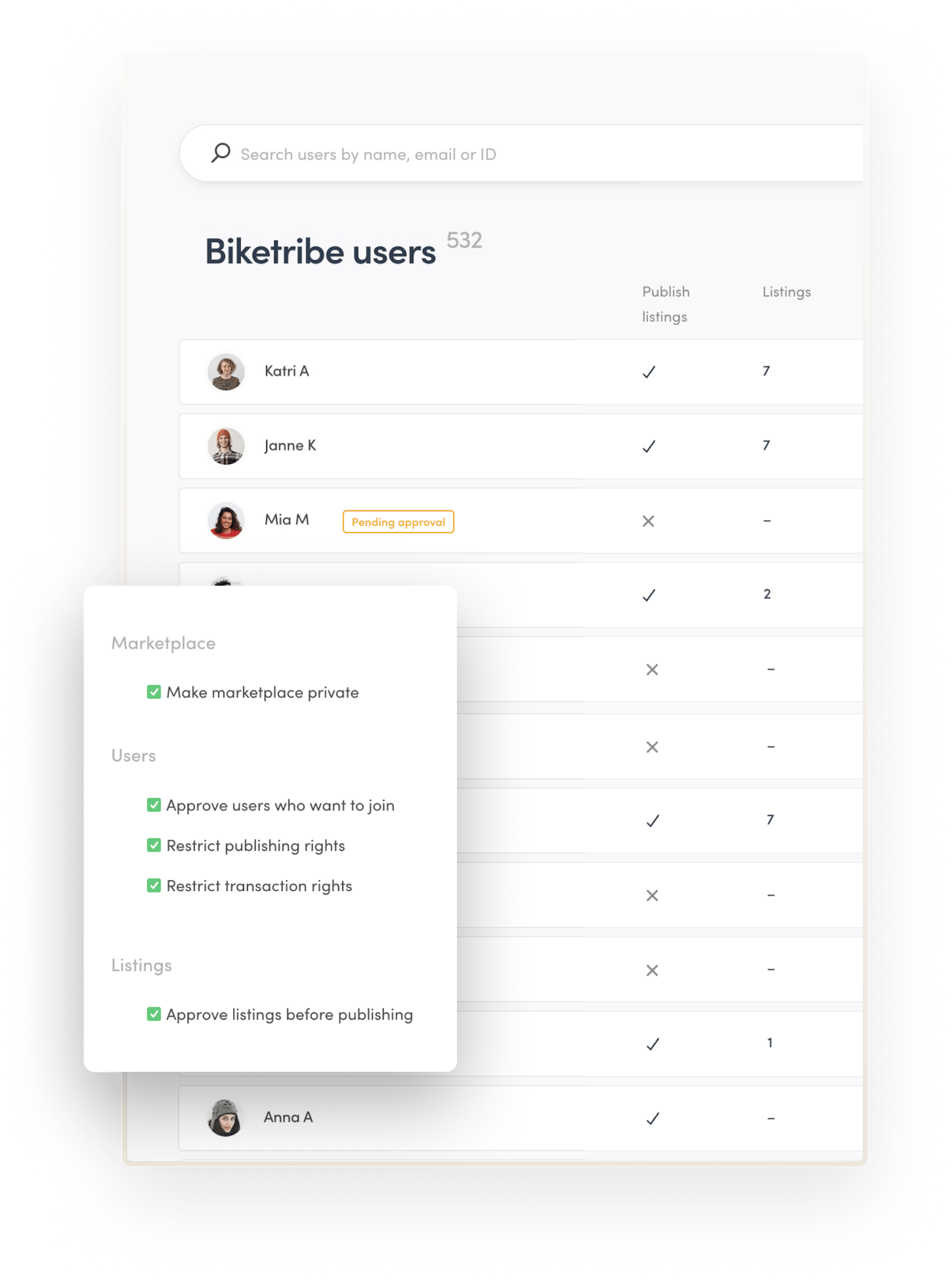 The access control panel showing the options to make a marketplace private, approve users, restrict publishing oir transaction rights, or approve listings.