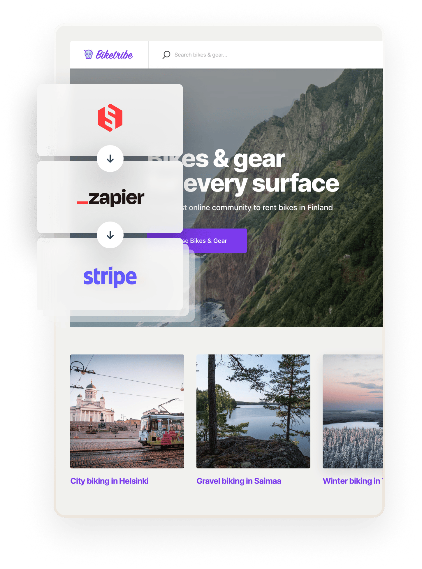 The Biketribe welcome pages, overlaid with Sharetribe, Zapier, and Stripe logos in succession to signal these can be combined.