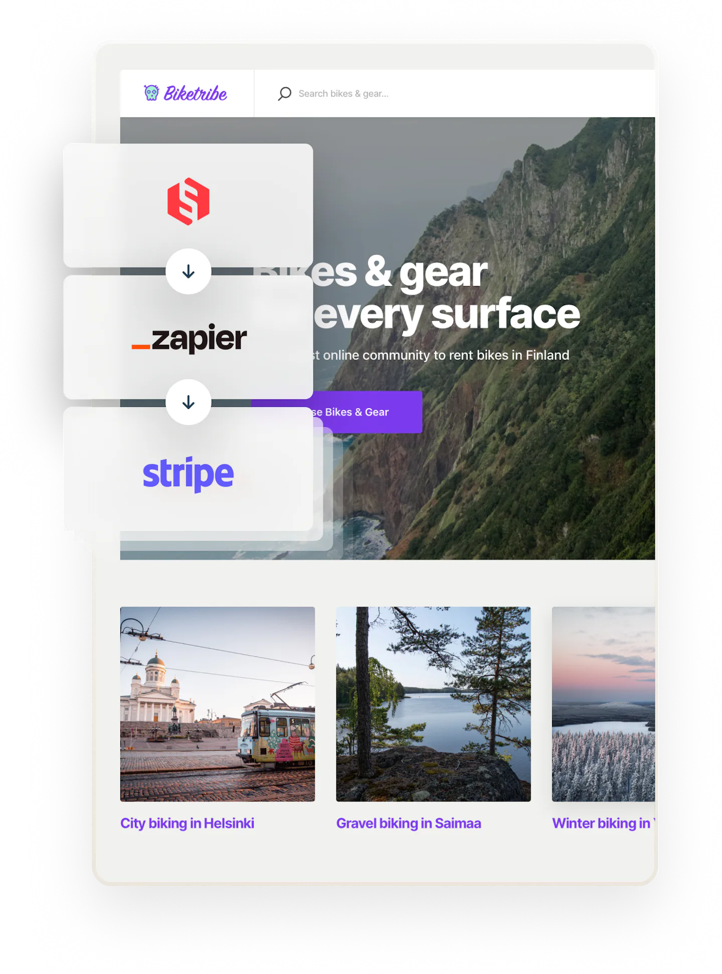 The Biketribe welcome pages, overlaid with Sharetribe, Zapier, and Stripe logos in succession to signal these can be combined.