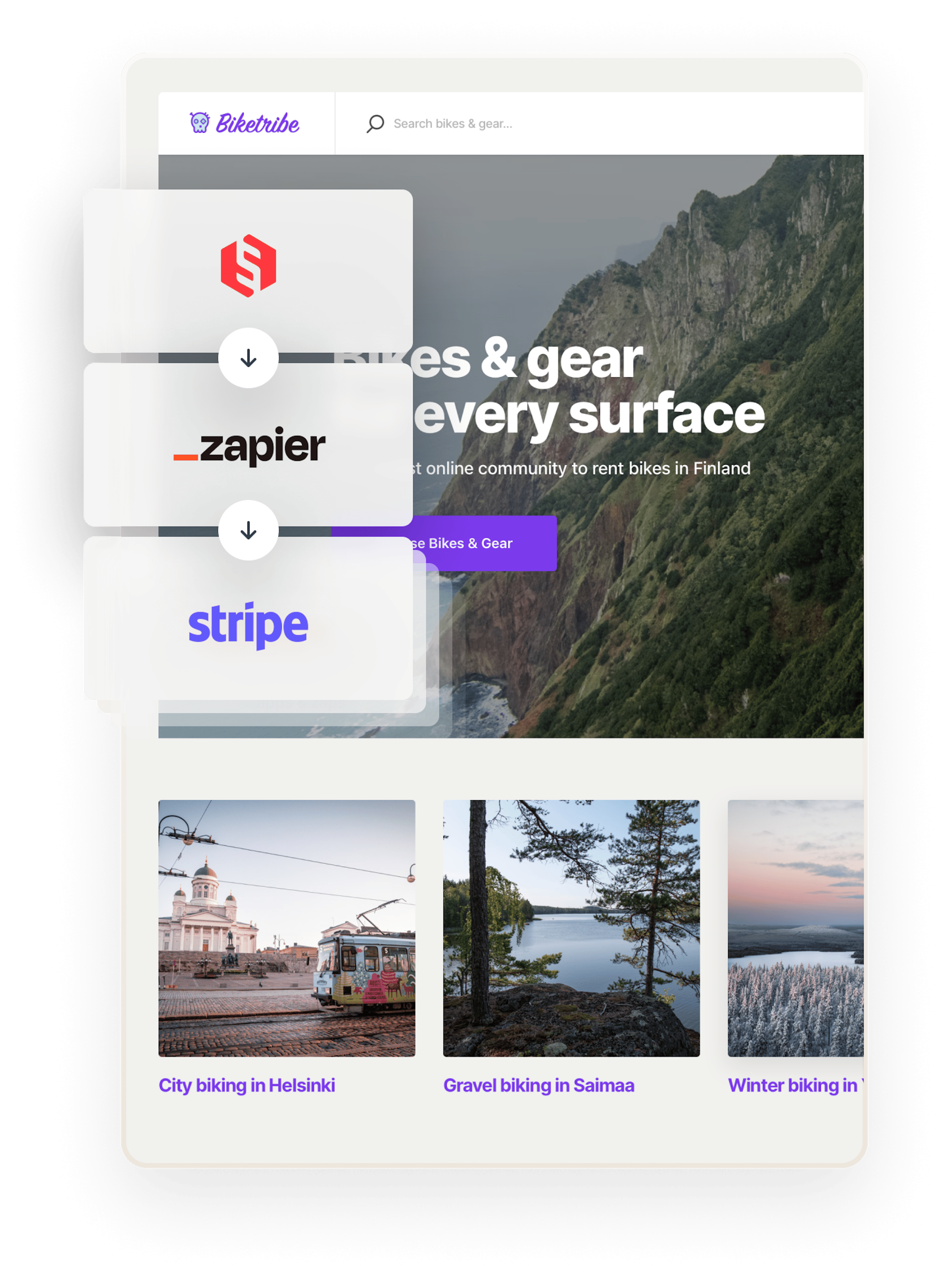 The Biketribe welcome pages, overlaid with Sharetribe, Zapier, and Stripe logos in succession to signal these can be combined.
