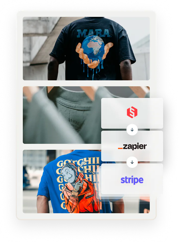 Three images of t-shirts, overlaid with Sharetribe, Zapier, and Stripe logos in succession to signal these can be combined.