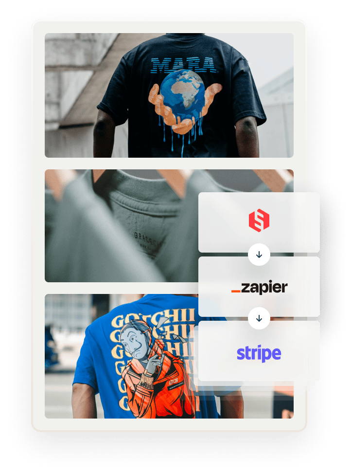Three images of t-shirts, overlaid with Sharetribe, Zapier, and Stripe logos in succession to signal these can be combined.