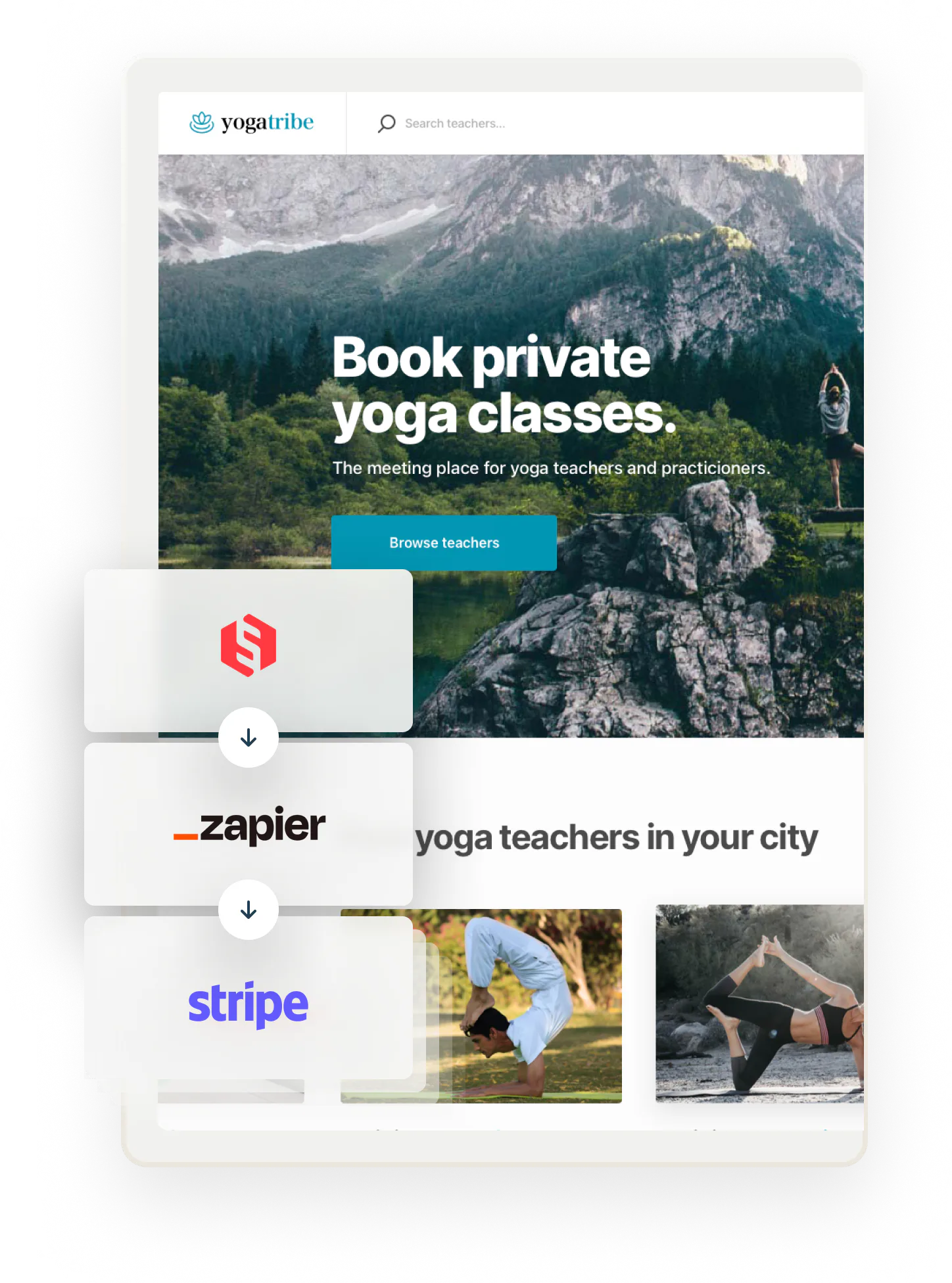 The Yogatribe welcome page, overlaid with Sharetribe, Zapier, and Stripe logos in succession to signal these can be combined.