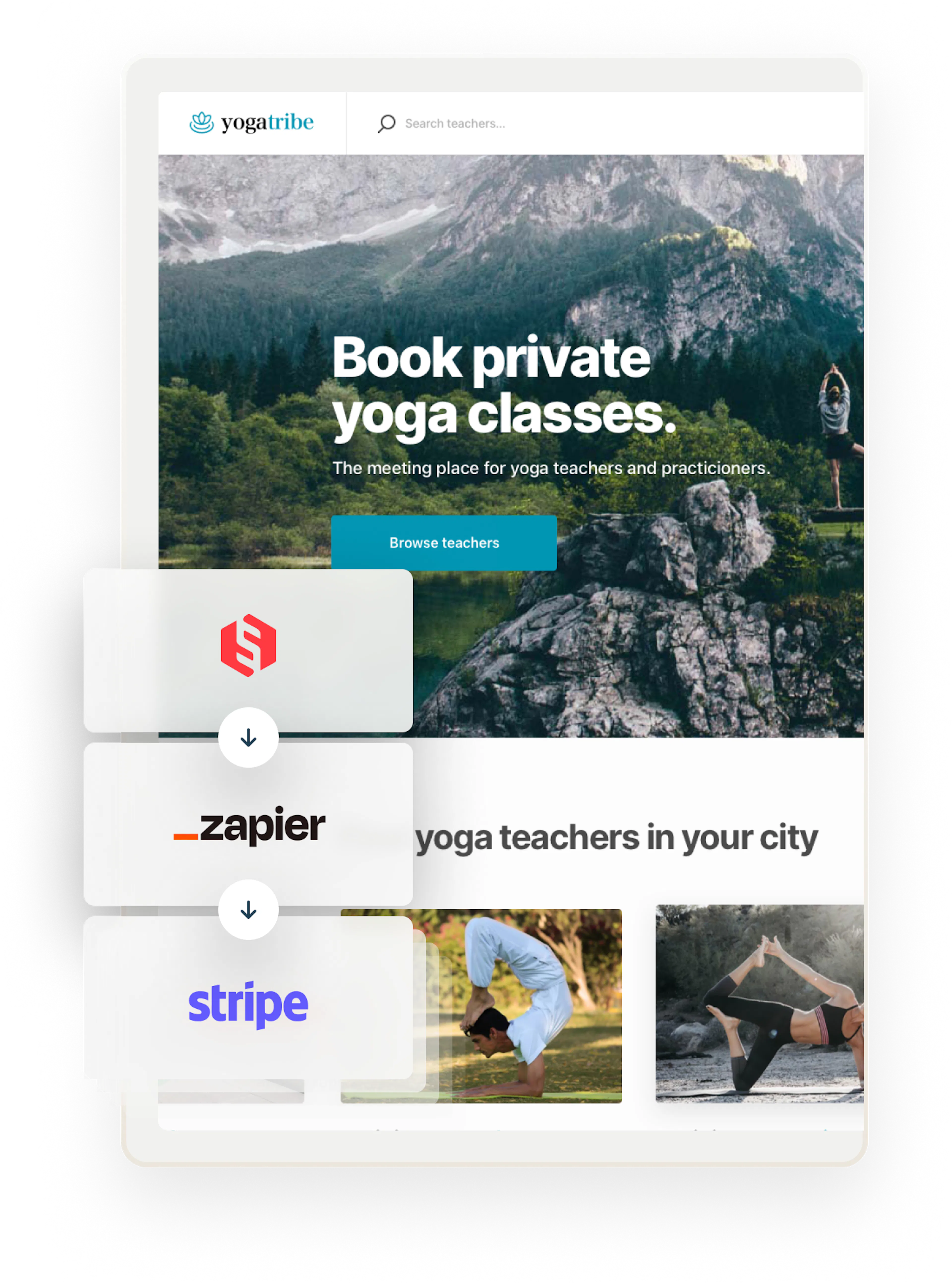 The Yogatribe welcome page, overlaid with Sharetribe, Zapier, and Stripe logos in succession to signal these can be combined.
