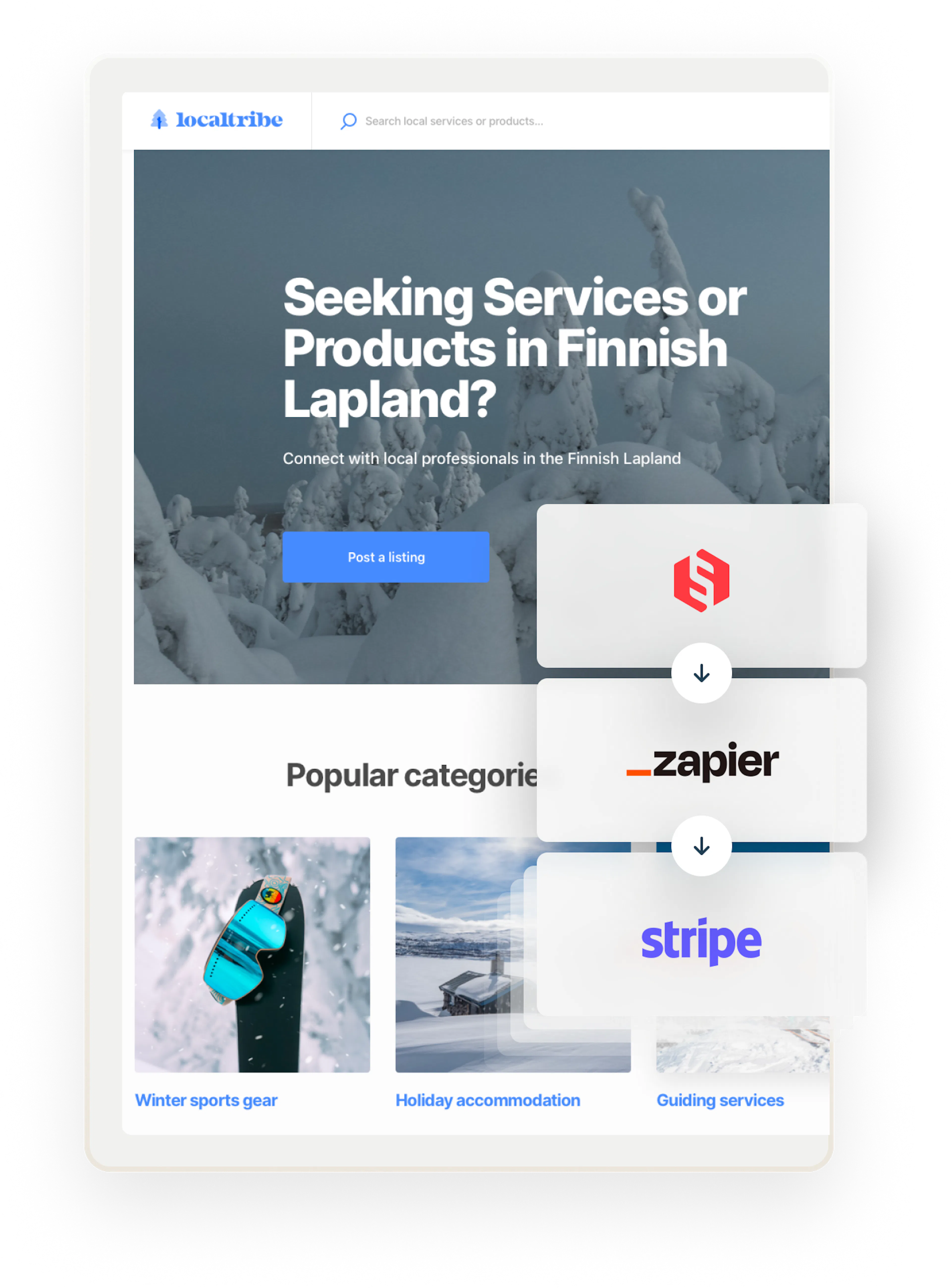 The Localtribe welcome page, overlaid with Sharetribe, Zapier, and Stripe logos in succession to signal these can be combined.