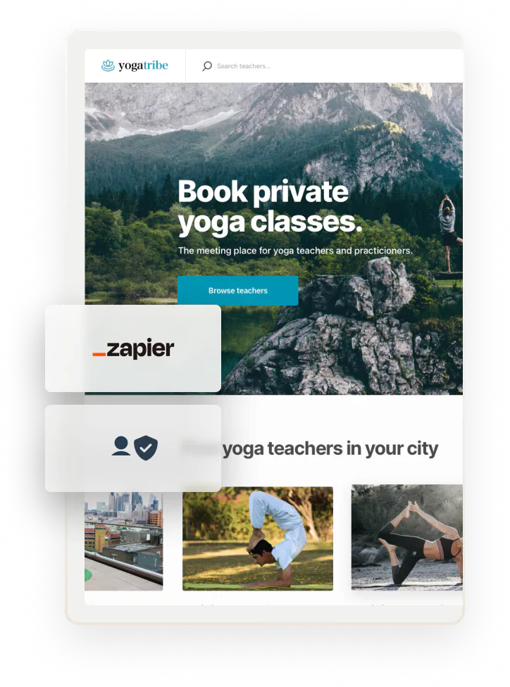The Yogatribe welcome page, overlaid with a Zapier logo and an icon for a verified user.
