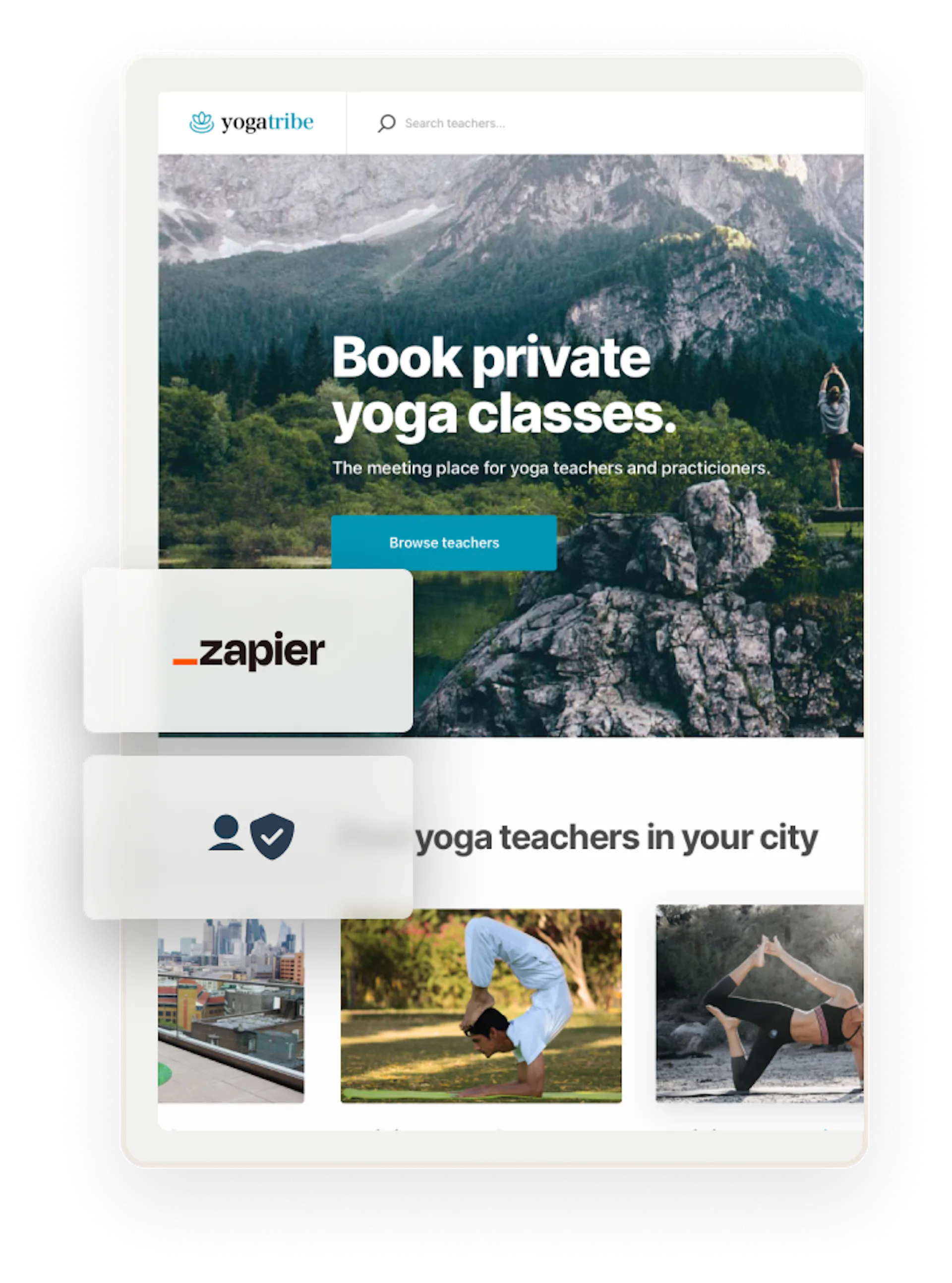 The Yogatribe welcome page, overlaid with a Zapier logo and an icon for a verified user.
