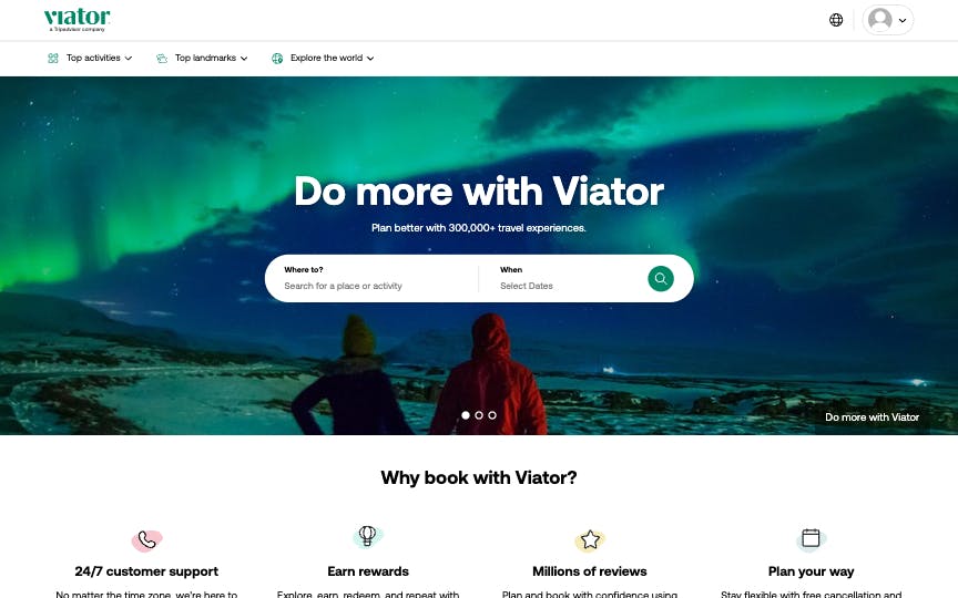 Viator.com landing page (2024)