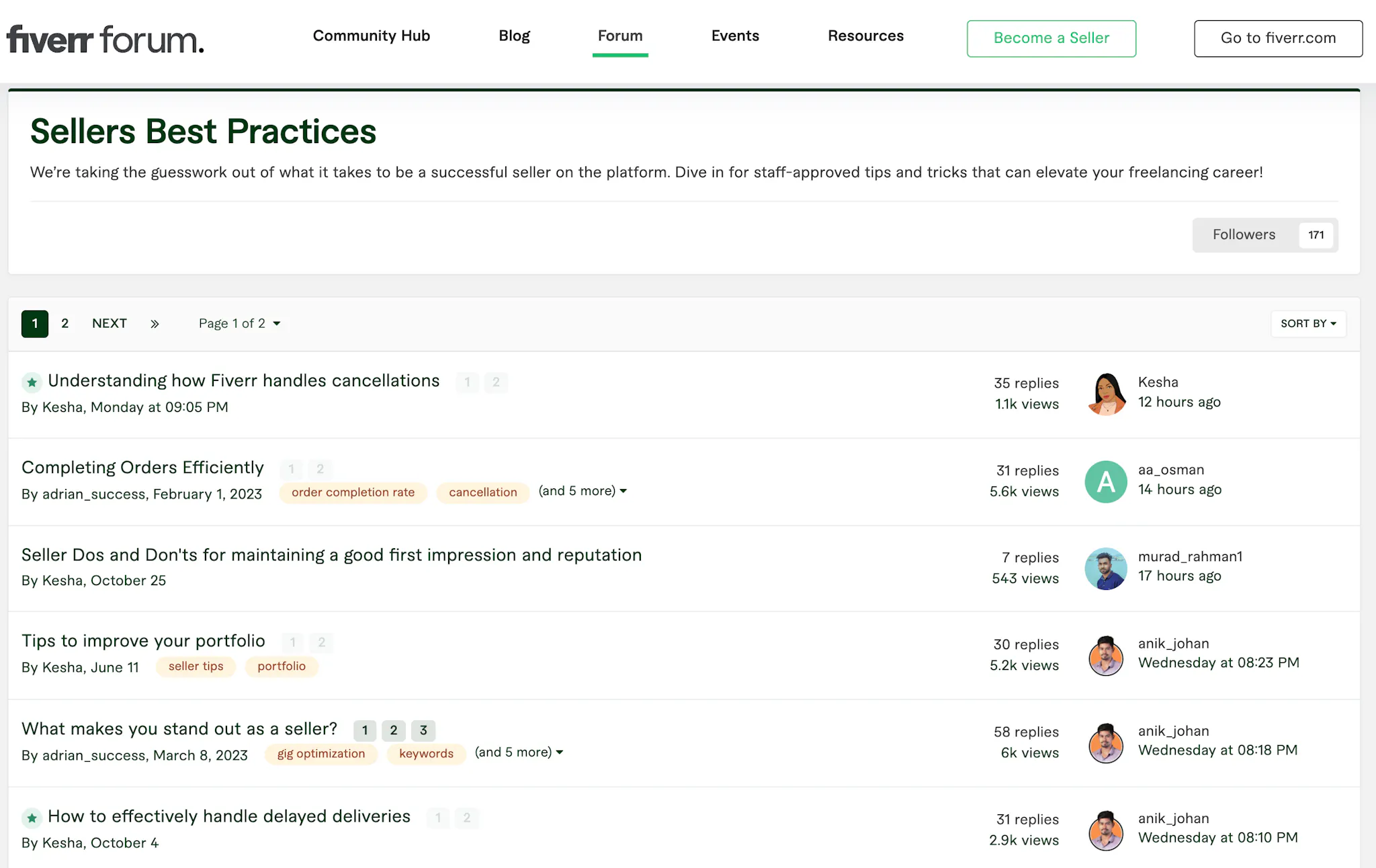 Screenshot of Fiverr's Seller Best Practices forum, with topics like "What makes you stand out as a seller?"