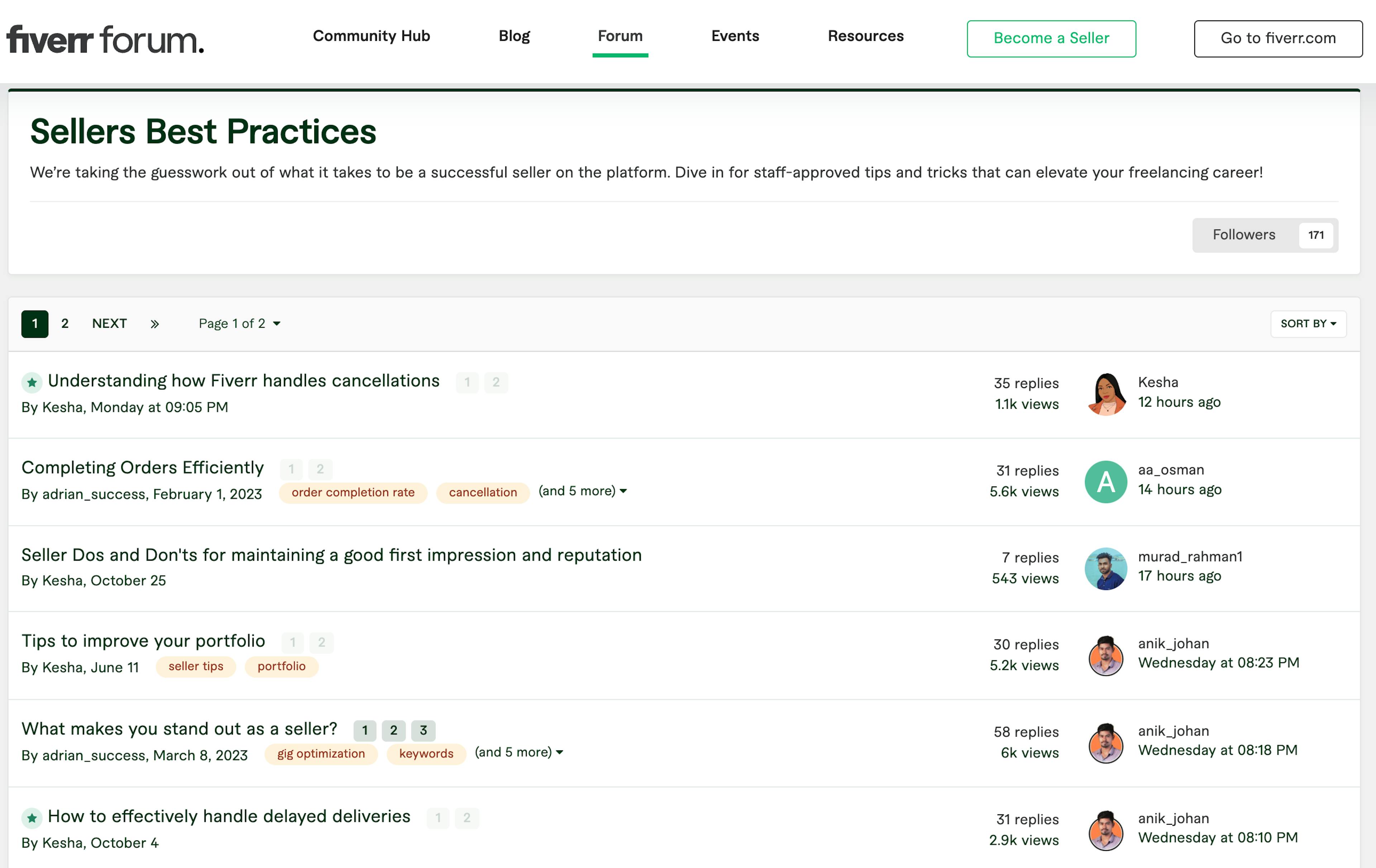 Screenshot of Fiverr's Seller Best Practices forum, with topics like "What makes you stand out as a seller?"