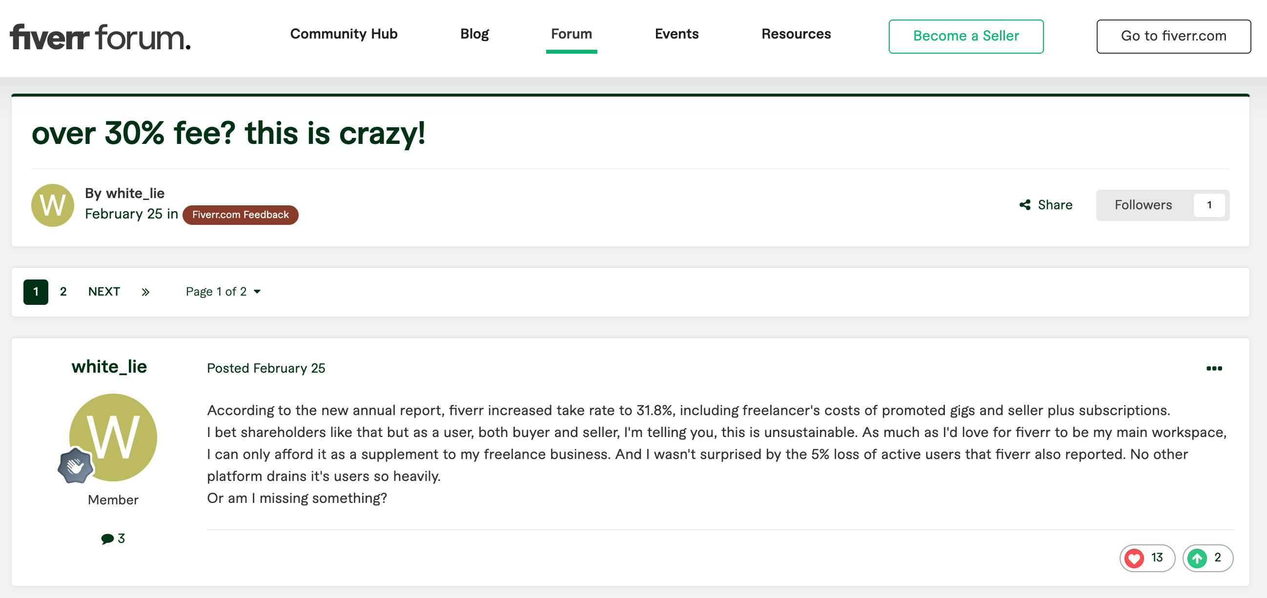 Screenshot from Fiverr forum where freelancers are displaying unhappiness about Uber's high pricing.