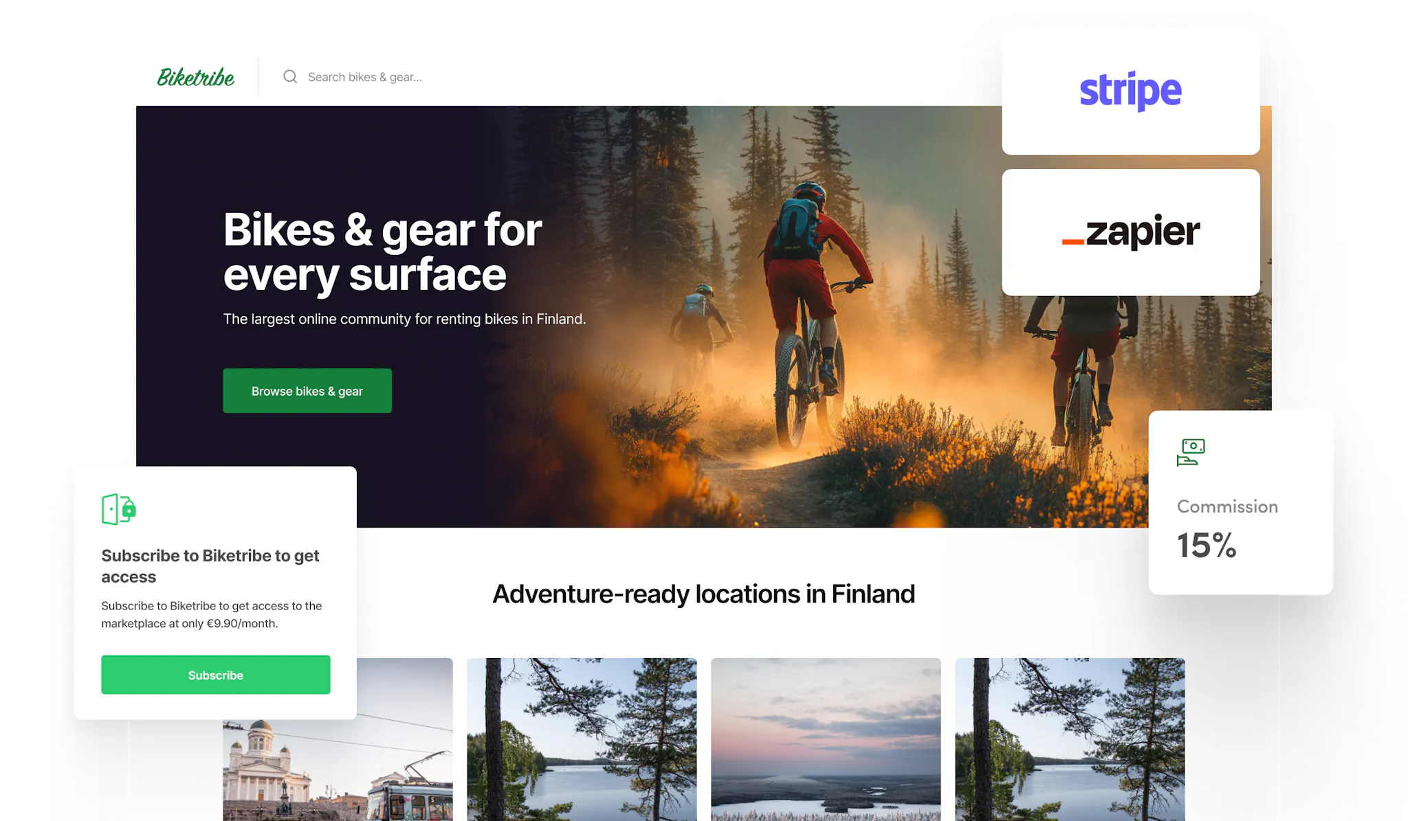 Biketribe landing page overlaid with examples of monetization models subscription and commission, and Zapier and Stripe logos