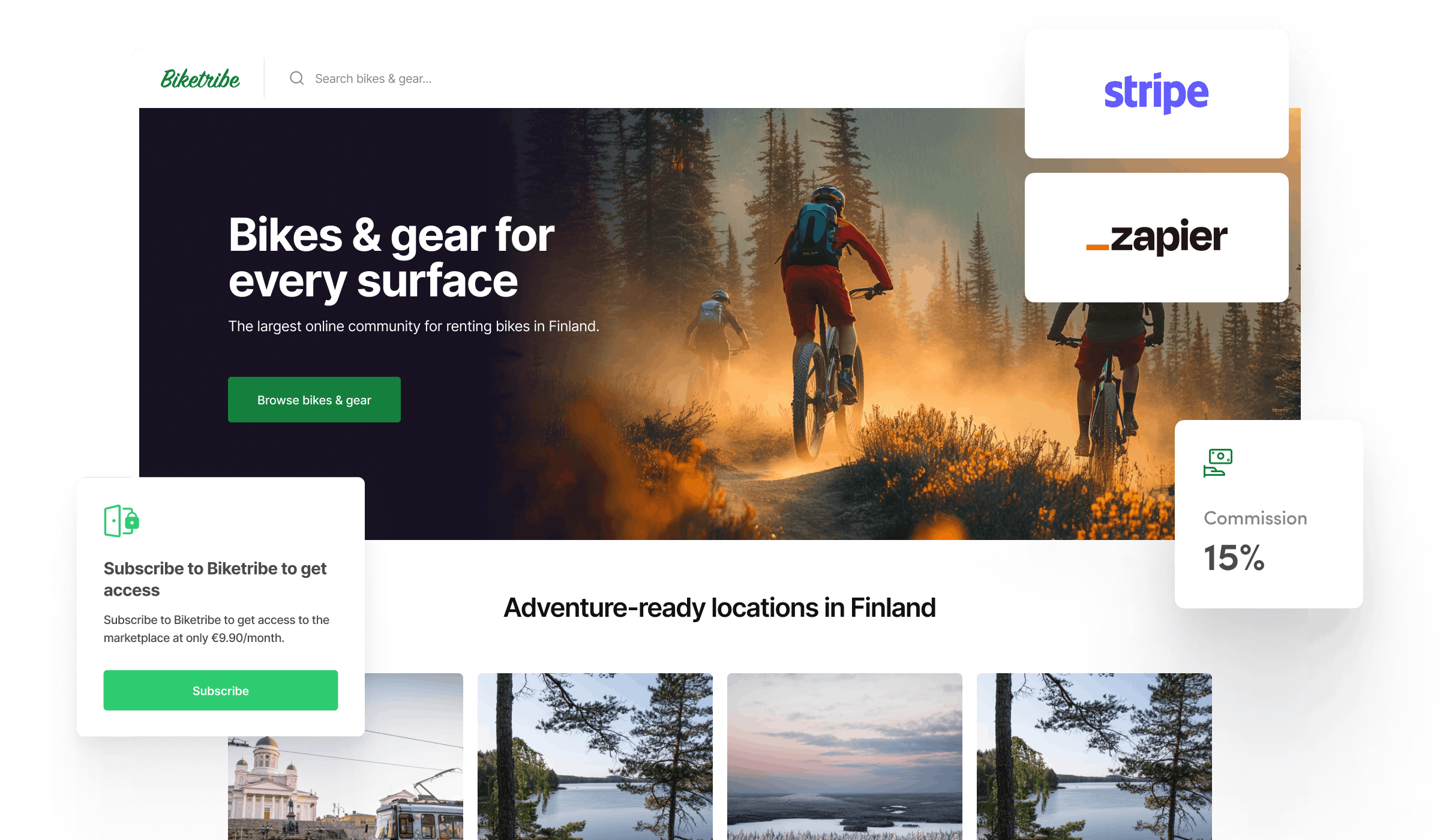 Biketribe landing page overlaid with examples of monetization models subscription and commission, and Zapier and Stripe logos