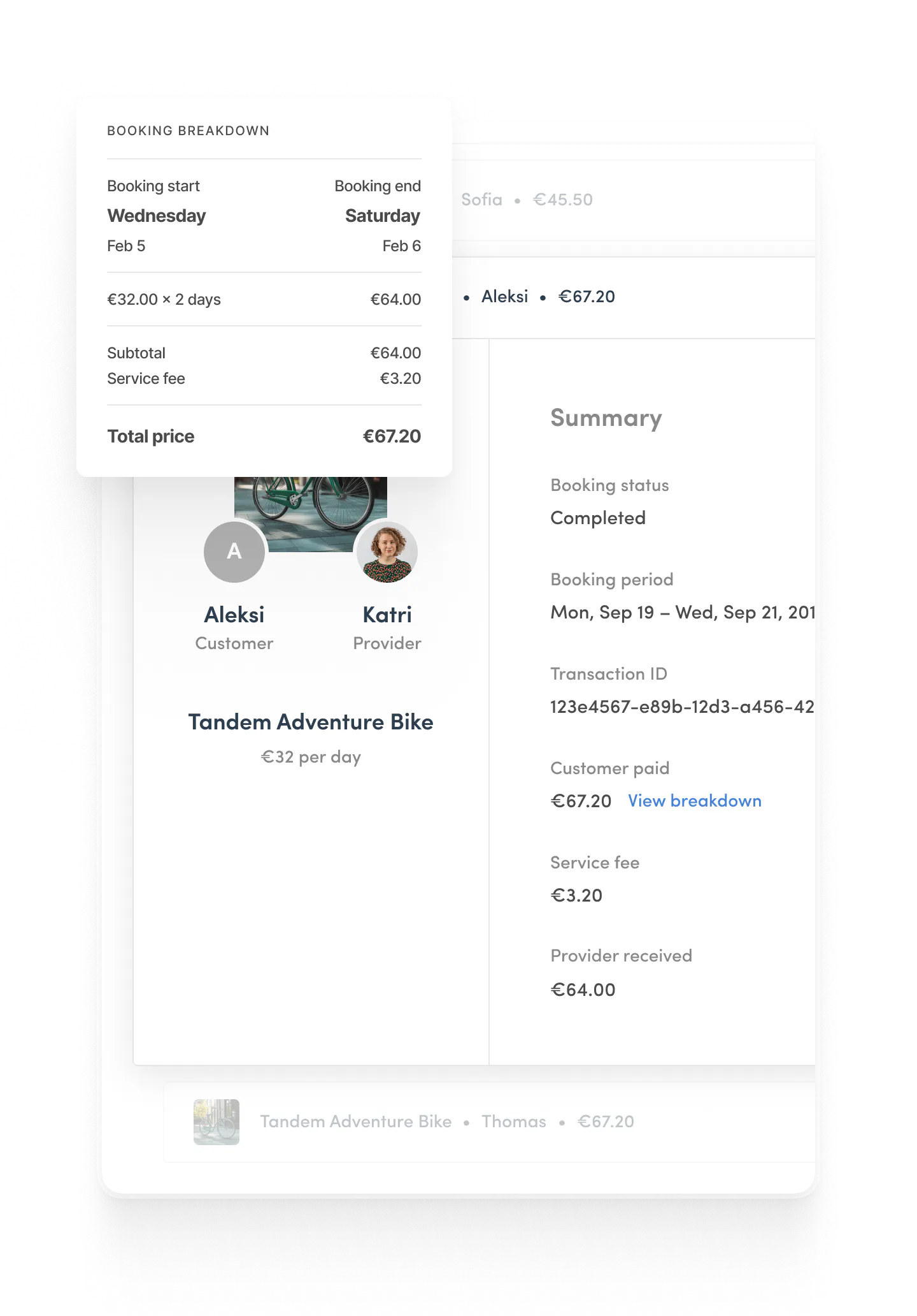 A transaction in Sharetribe Console, showing the booking breakdown. The customer paid 67.20 of which 3.20 was a service fee. The provider made 64 euros.