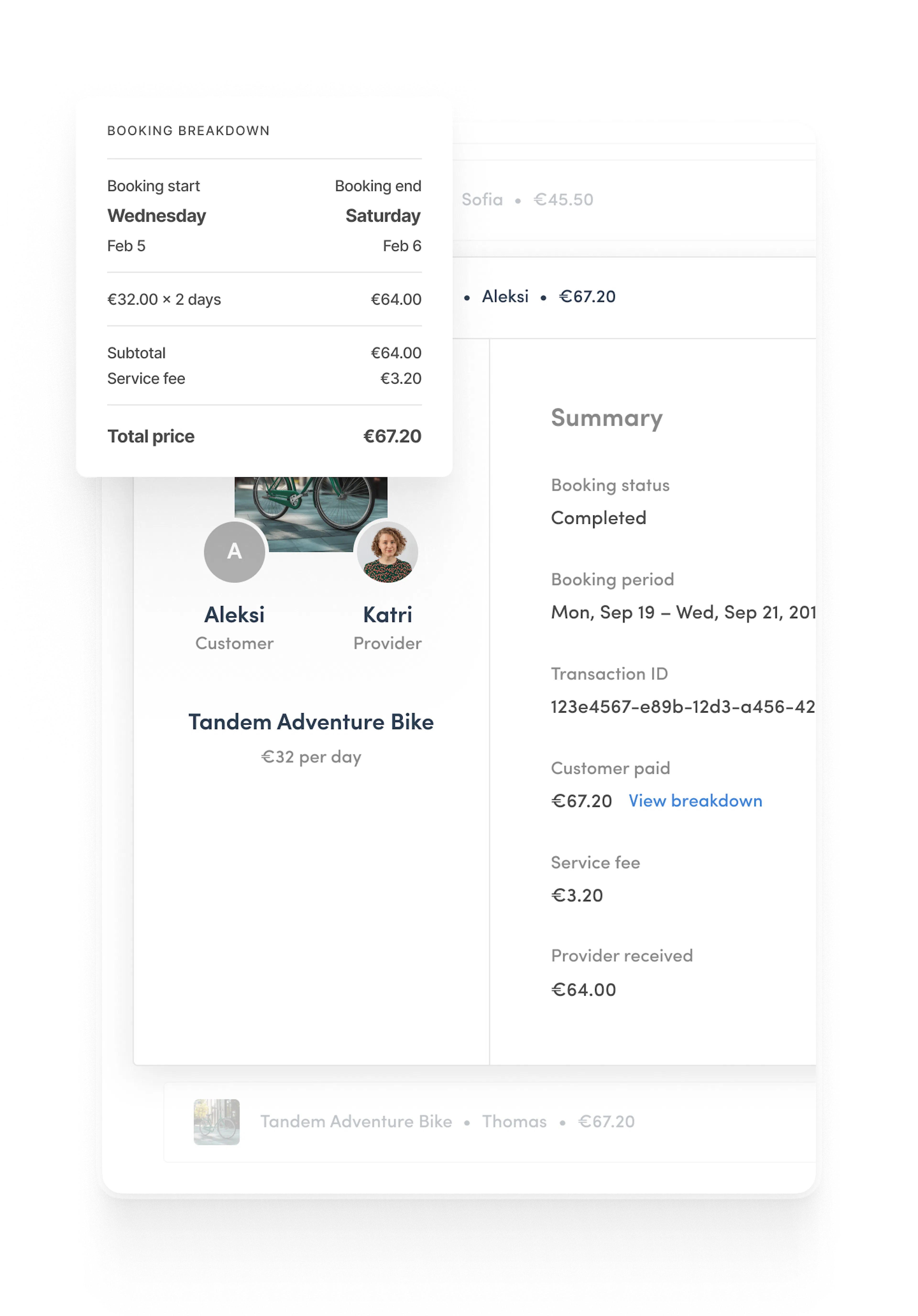 A transaction in Sharetribe Console, showing the booking breakdown. The customer paid 67.20 of which 3.20 was a service fee. The provider made 64 euros.