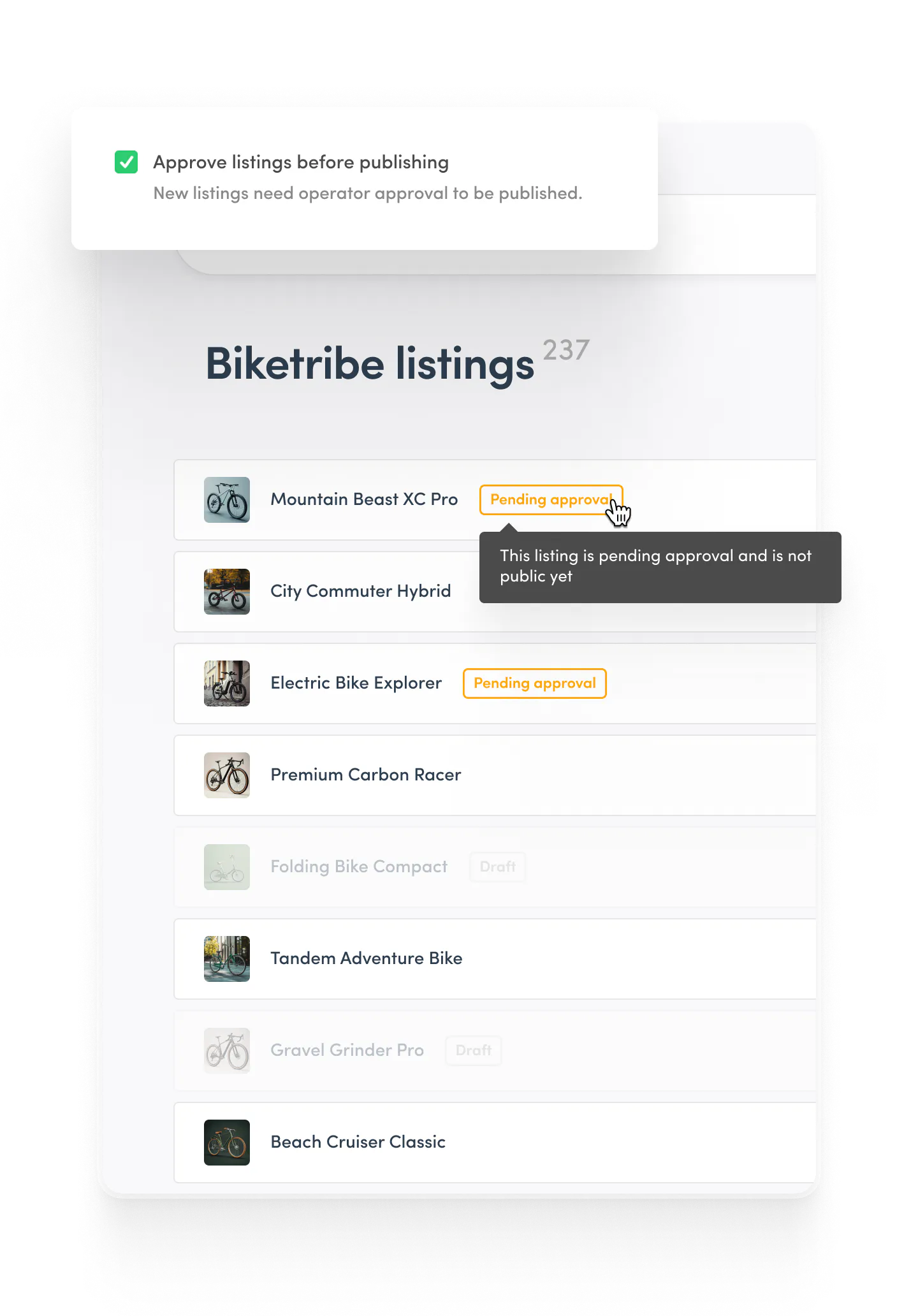 Sharetribe Console listing management page. A provider is just about to approve a listing with a note saying "Pending approval".