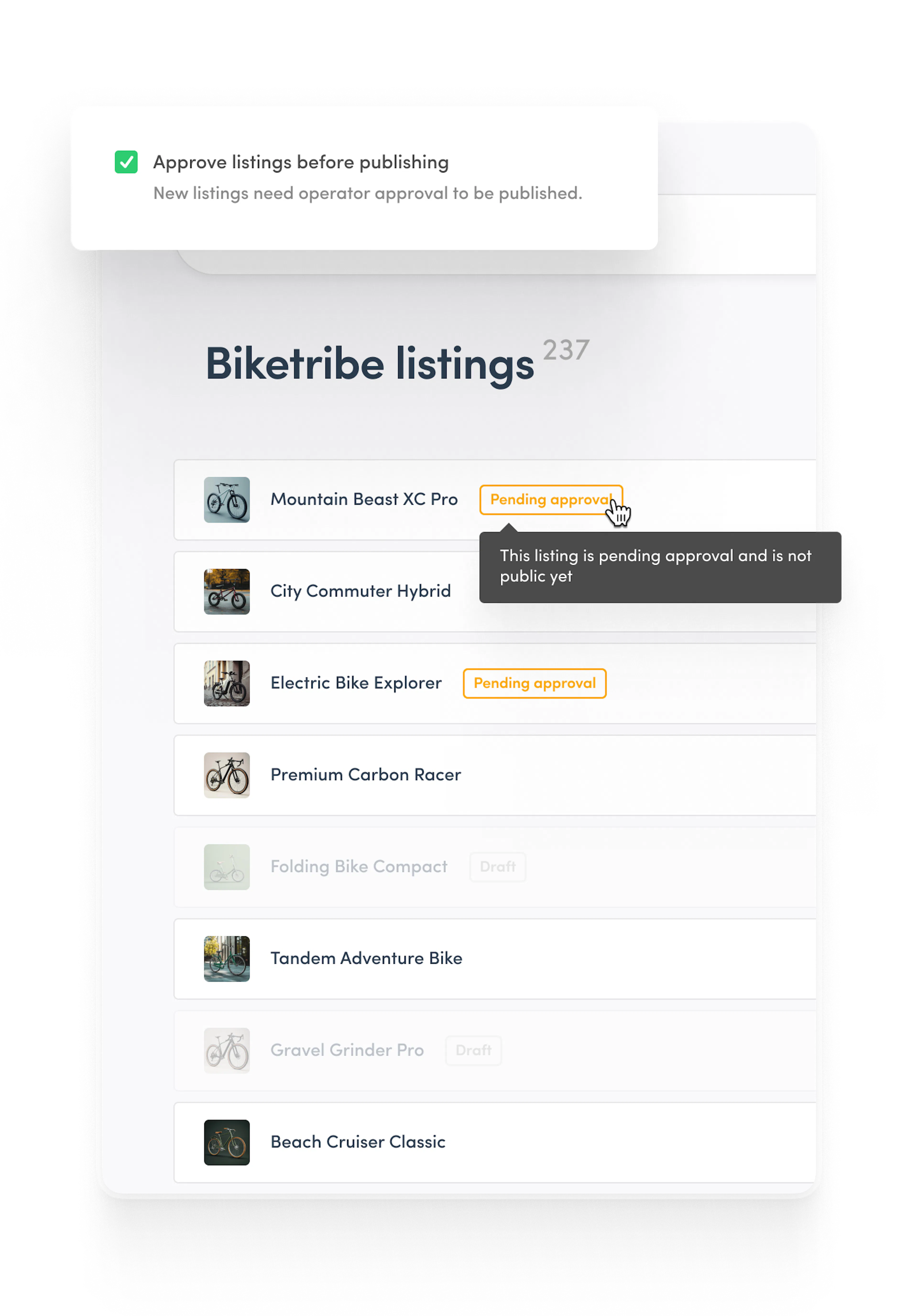 Sharetribe Console listing management page. A provider is just about to approve a listing with a note saying "Pending approval".