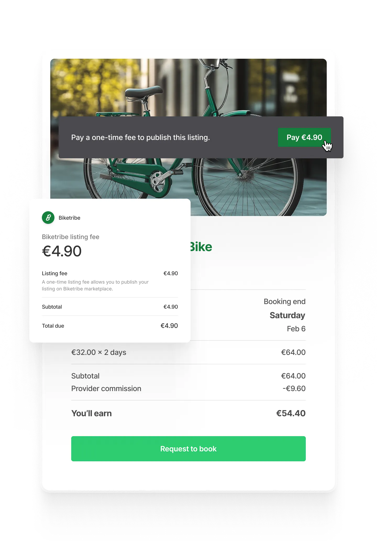 A listing, overlaid with a prompt to pay a listing fee and a checkout for the listing fee.