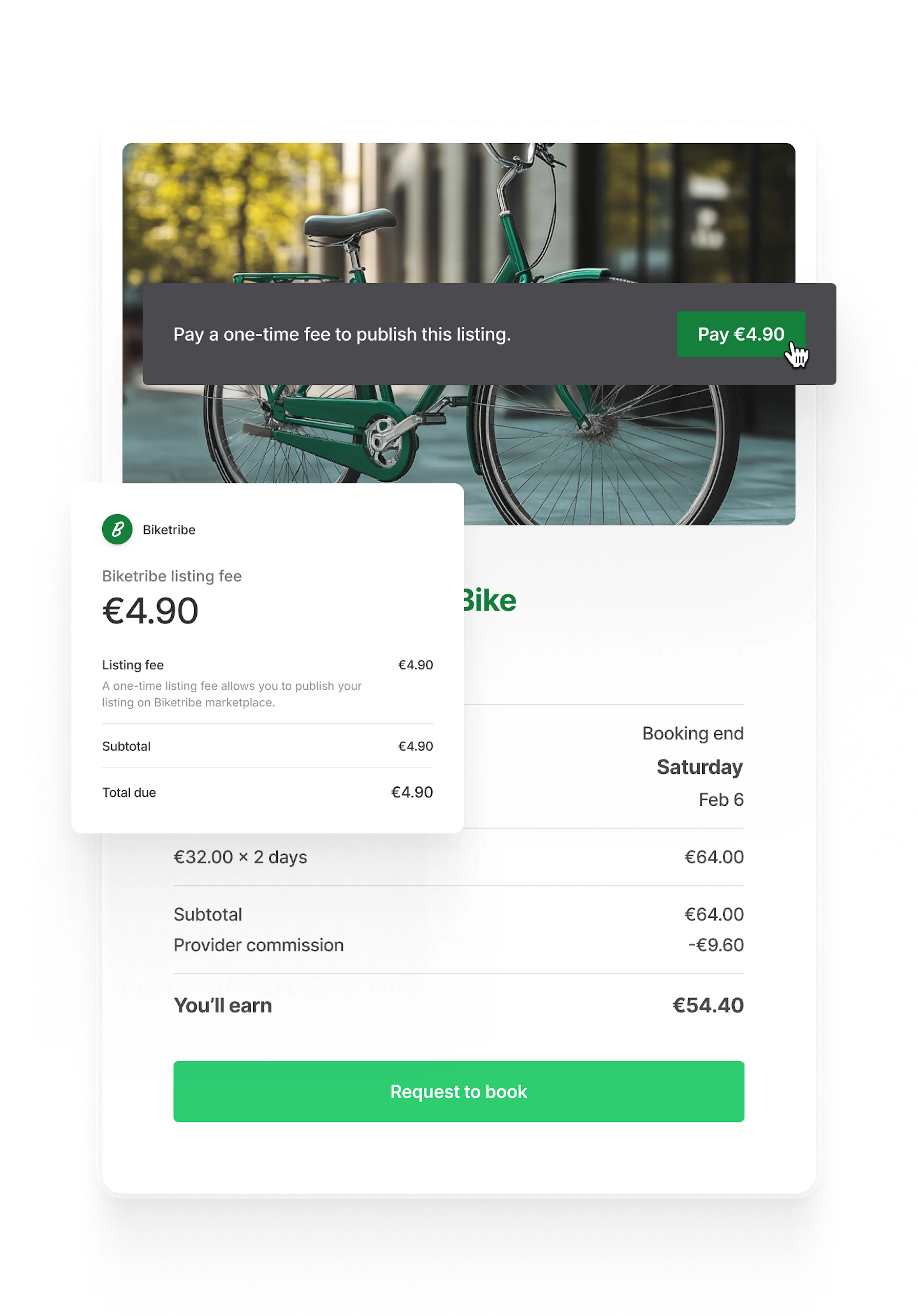 A listing, overlaid with a prompt to pay a listing fee and a checkout for the listing fee.