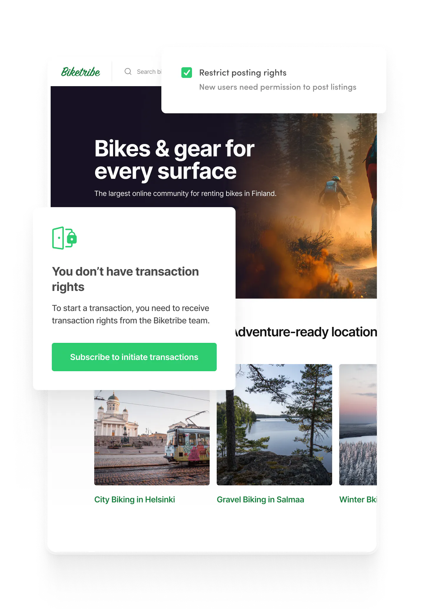 Biketribe landing page overlaid with a modal to subscribe to get transaction rights.