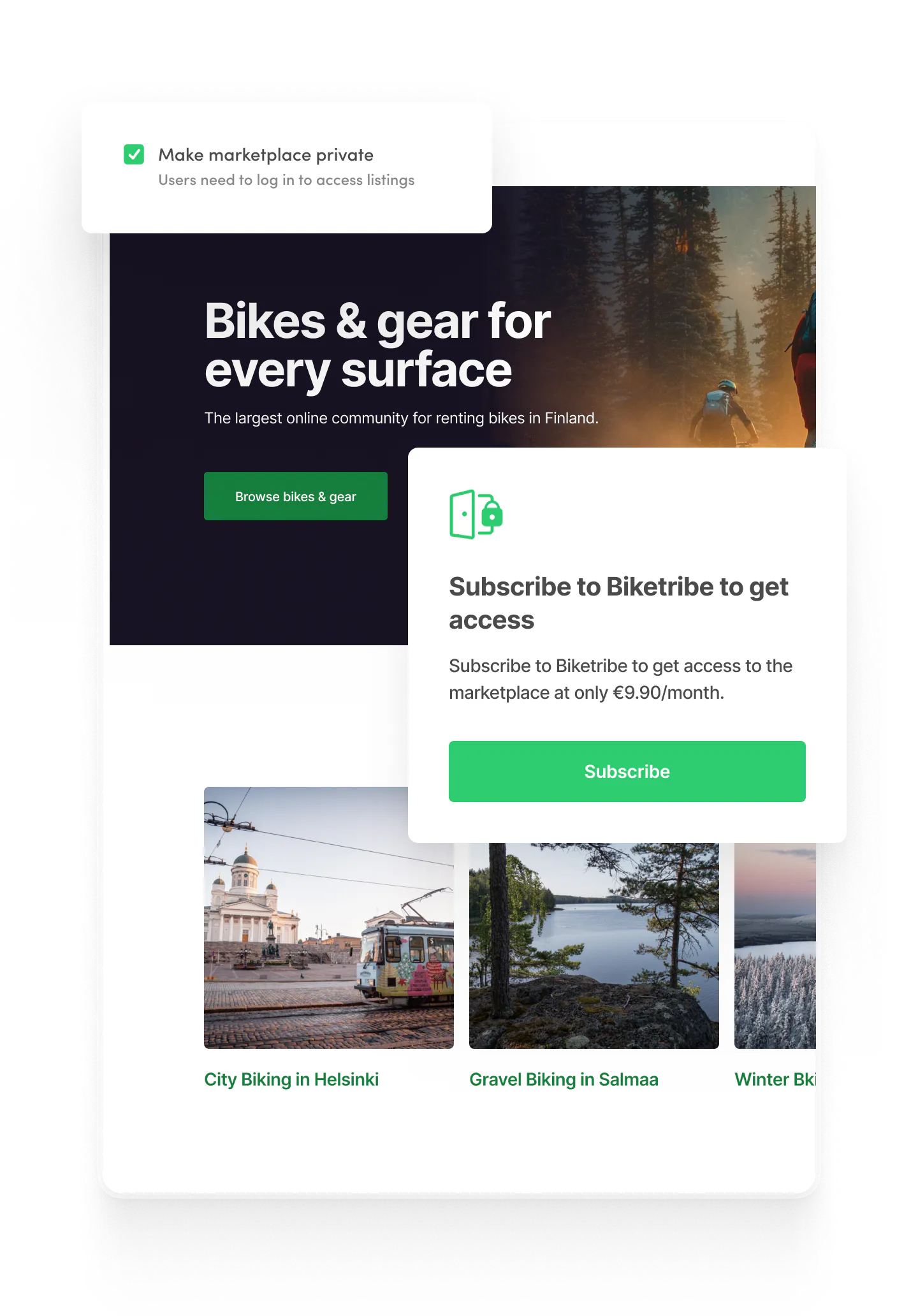 Biketribe landing page overlaid with a modal to subscribe to get access to the platform.